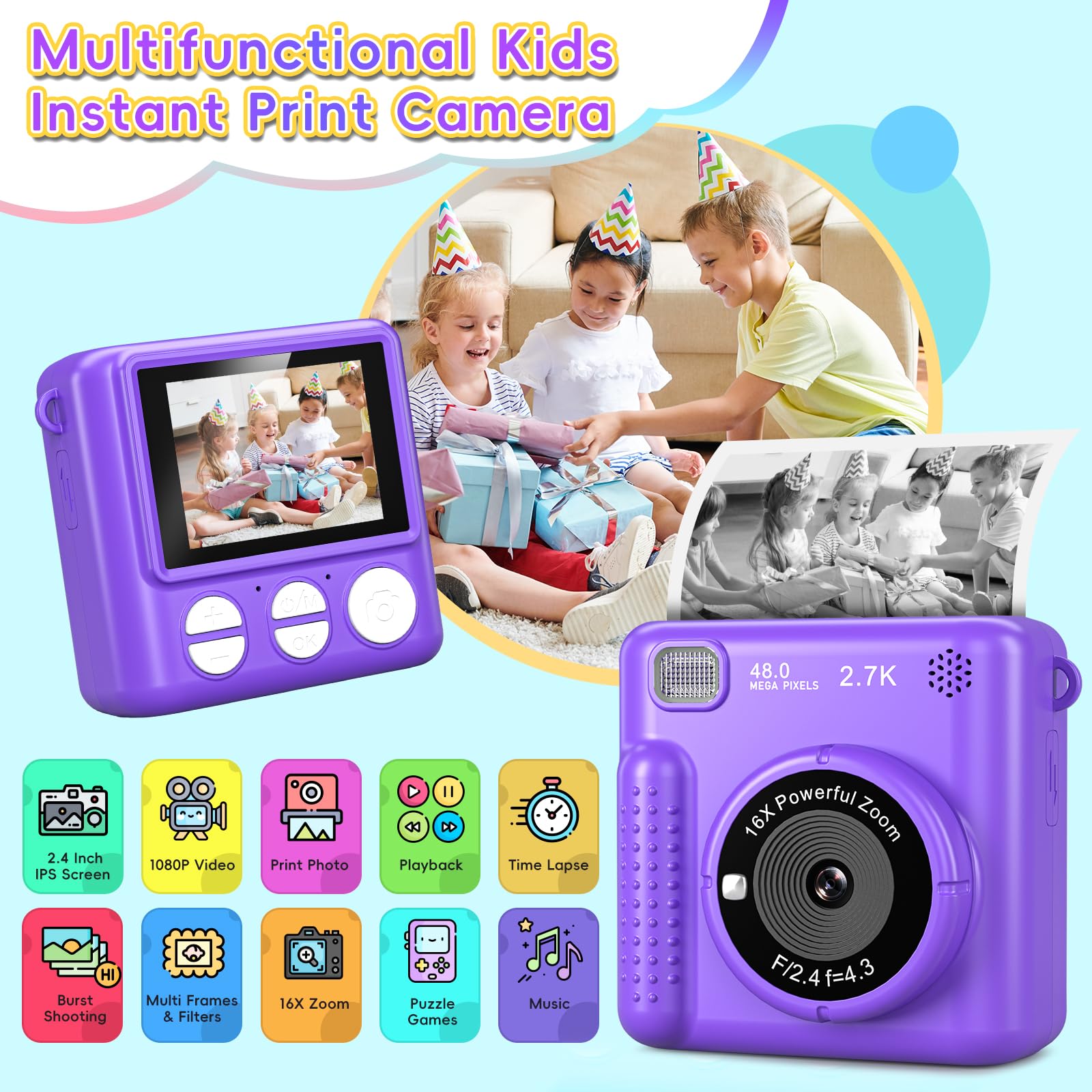 Greenkinder Kids Camera Instant Print, Christmas Birthday Gifts For Boys Girls Age 3 12, 2.4 Inch/1080P Kids Digital Cameras, Po