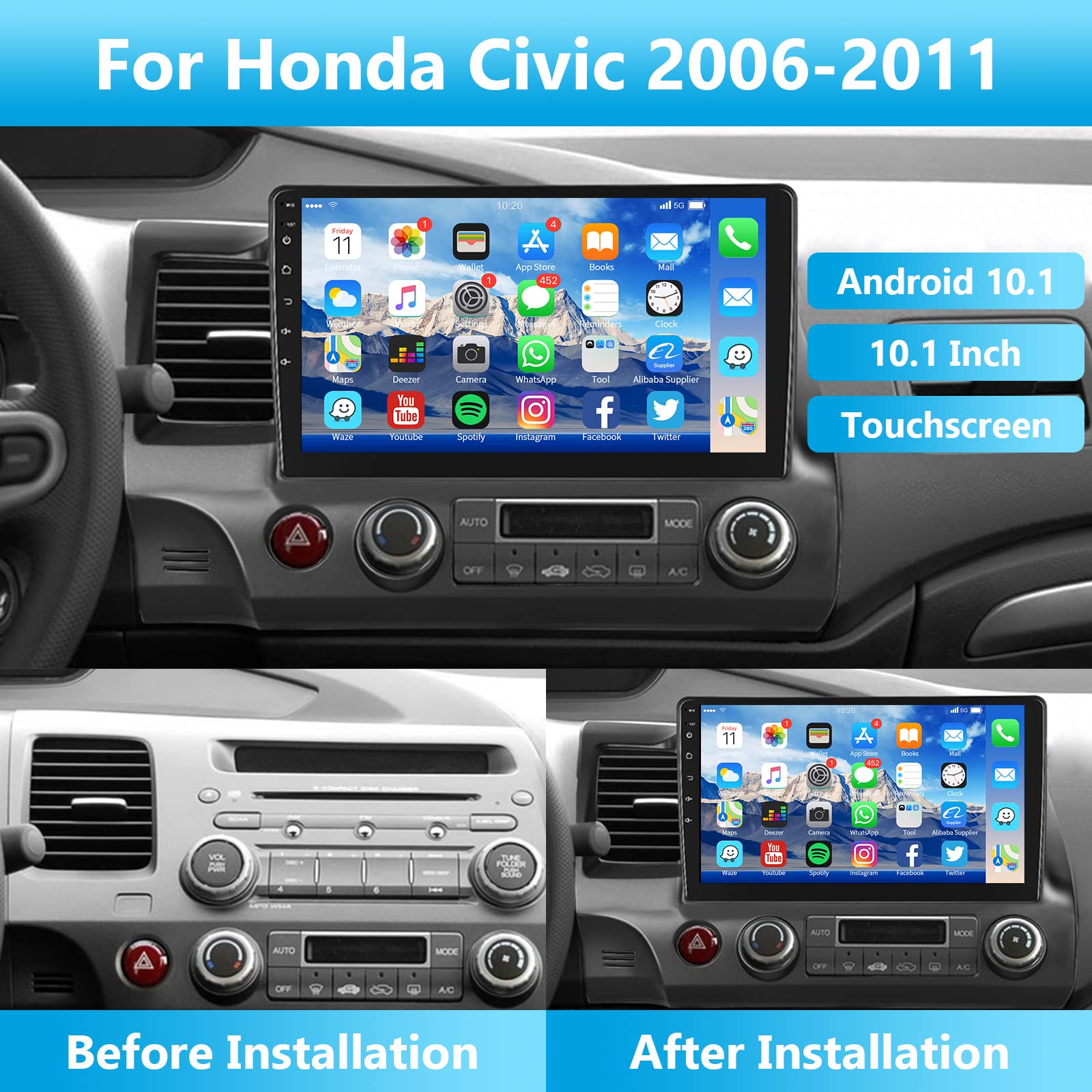 For Honda Civic 2006 2011 Android Car Stereo 10.1� Hd Capactive Touchscreen Car Audio Support Wifi Mirror Link Gps Navigation Radio Backup Camera Multimedia Player Headunit