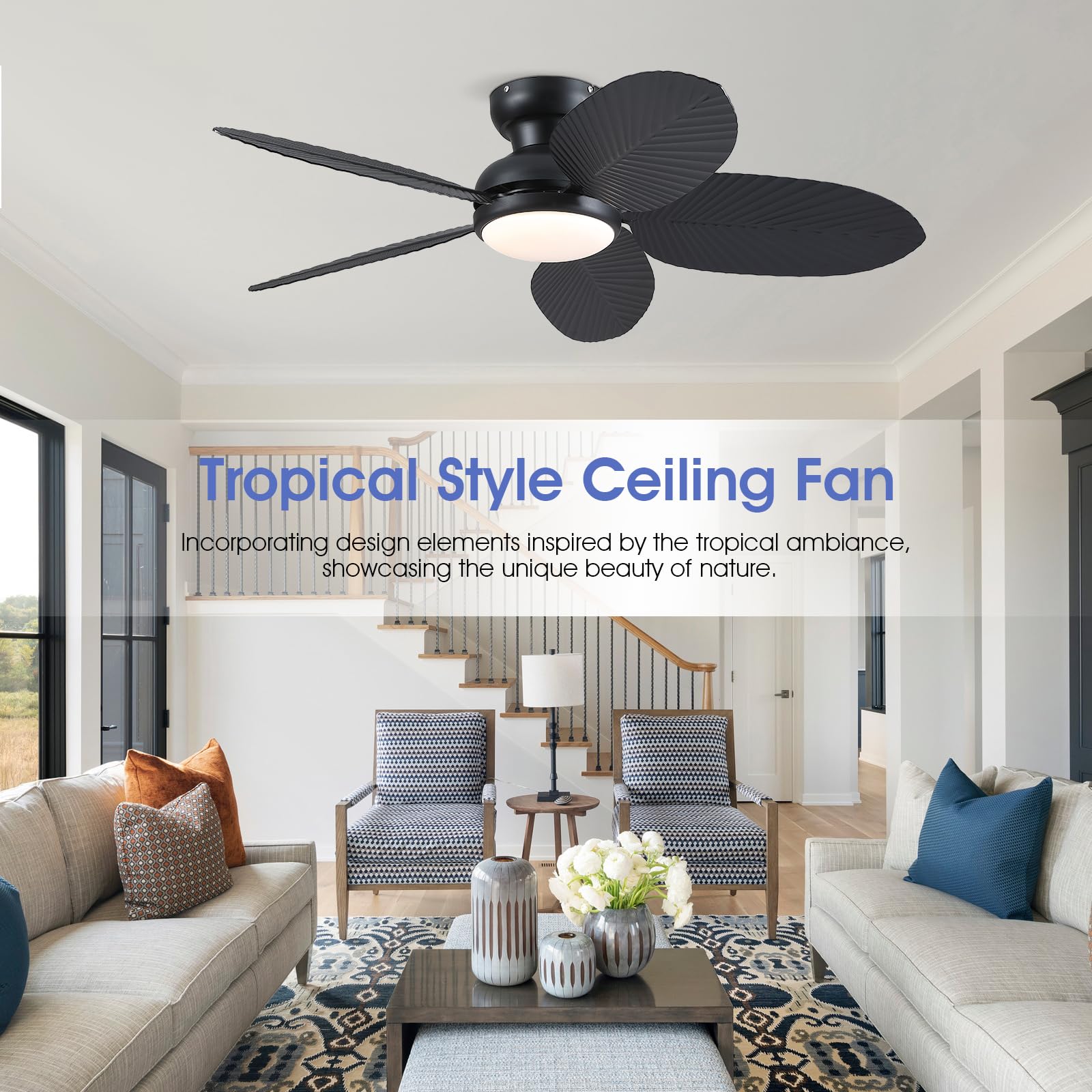 Kviflon Ceiling Fans With Lights And Remote/App Control, 45 Inch Low Profile Tropical Ceiling Fan For Living Room Bedroom, Outdo