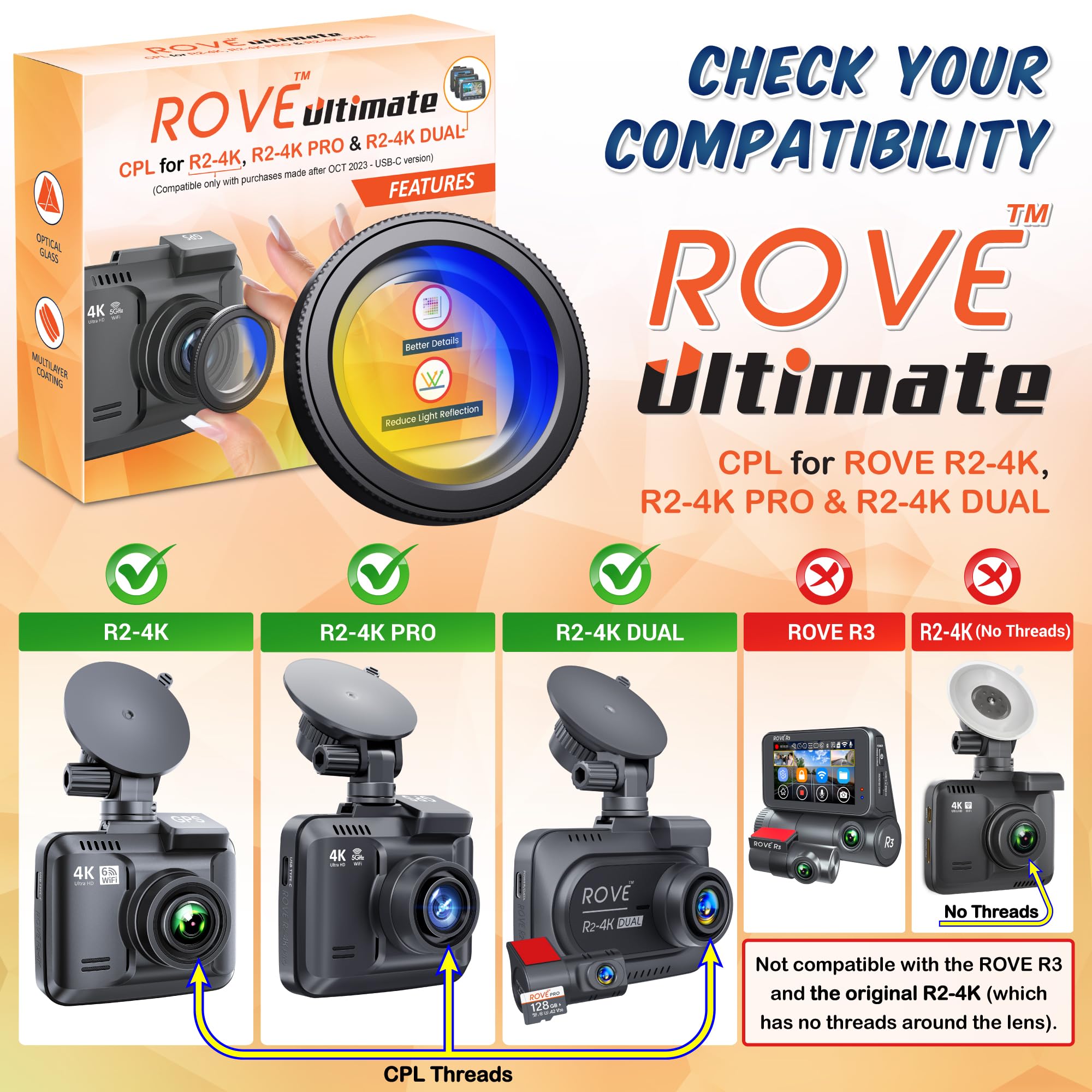 Rove Ultimate Cpl Filter, Anti Glare Circular Polarizer Lens For Rove R2 4K, R2 4K Pro, And R2 4K Dual Dash Cam Models
