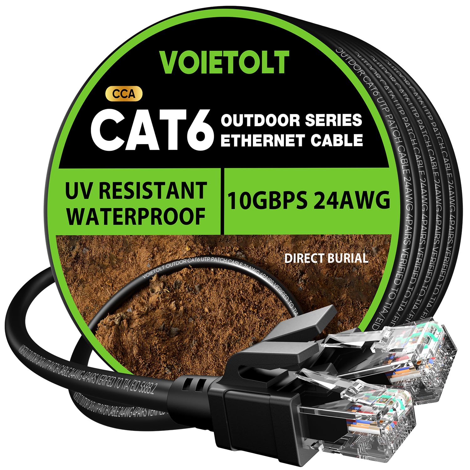 Voietolt Cat 6 Outdoor Ethernet Cable 60 Ft, 24Awg 10Gbps Cat6 Cable Cord Waterproof Direct Burial Lldpe Uv Jacket, Internet Net