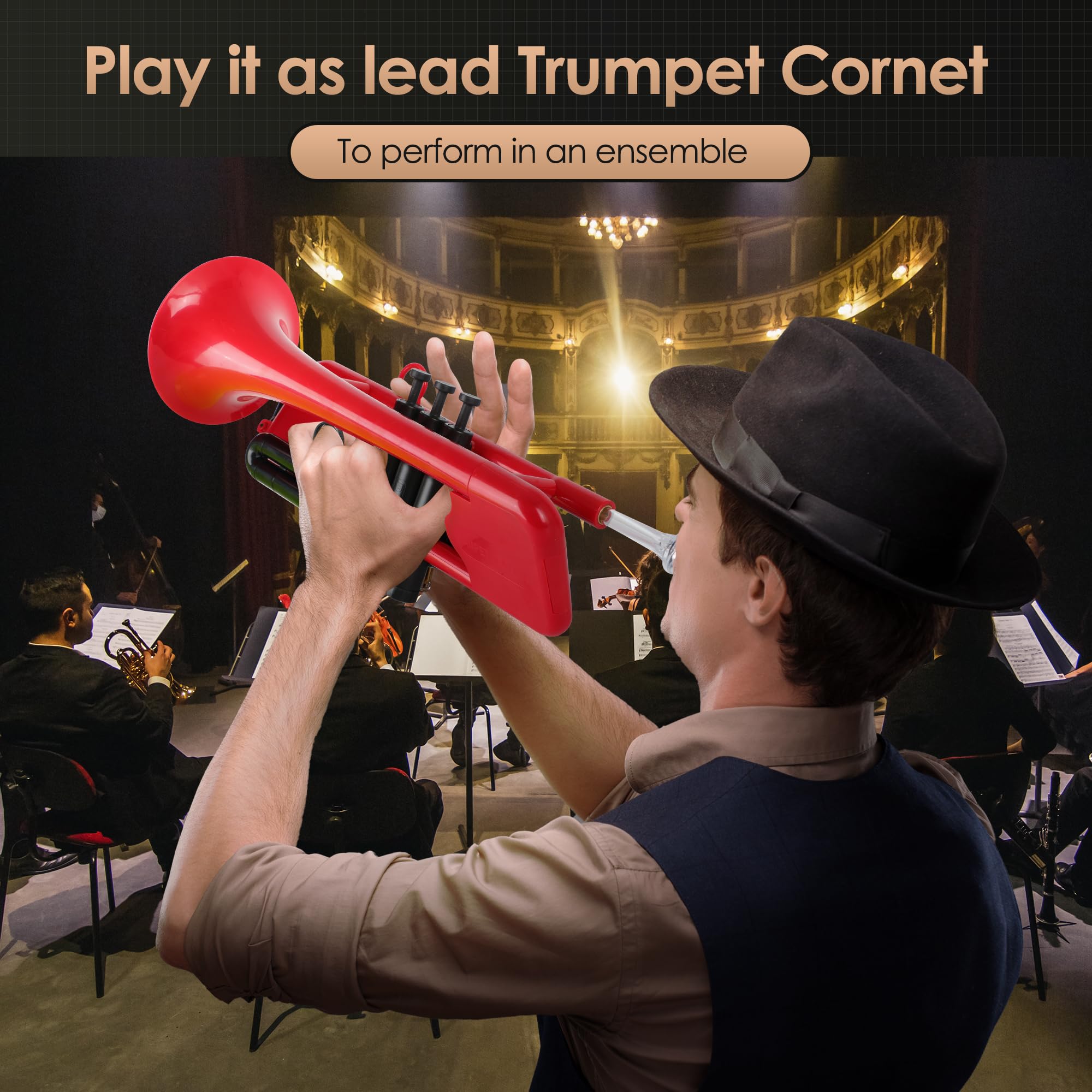 Pampet Sea Lion Professional Plastic Bb Trumpet Standard Trumpets Trumpet Set For Student Beginner Bb Trumpet Instrument (Red)