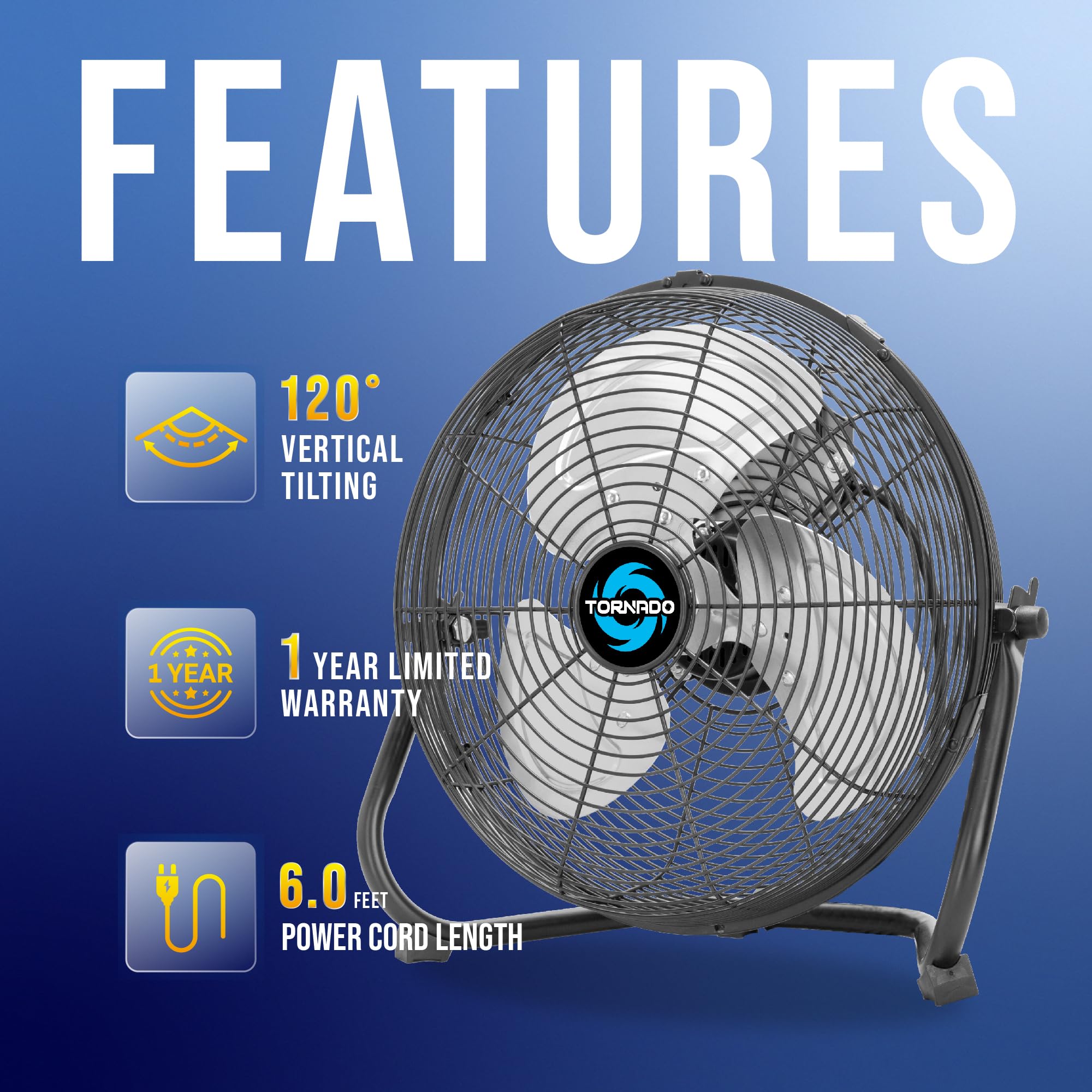Tornado 12 Inch High Velocity Metal Floor Fan, 3 Speed Powerful Cooling For Industrial, Commercial, And Home Spaces, 120Tilt, 6.