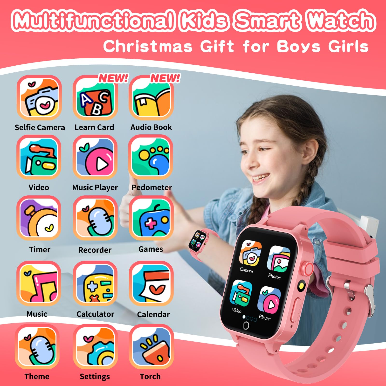 Kids Smart Watches Girls Age 6-12, 26 Games Touchscreen Kids Watch With Video Camera Music Player Learning Cards Audiostory Flas