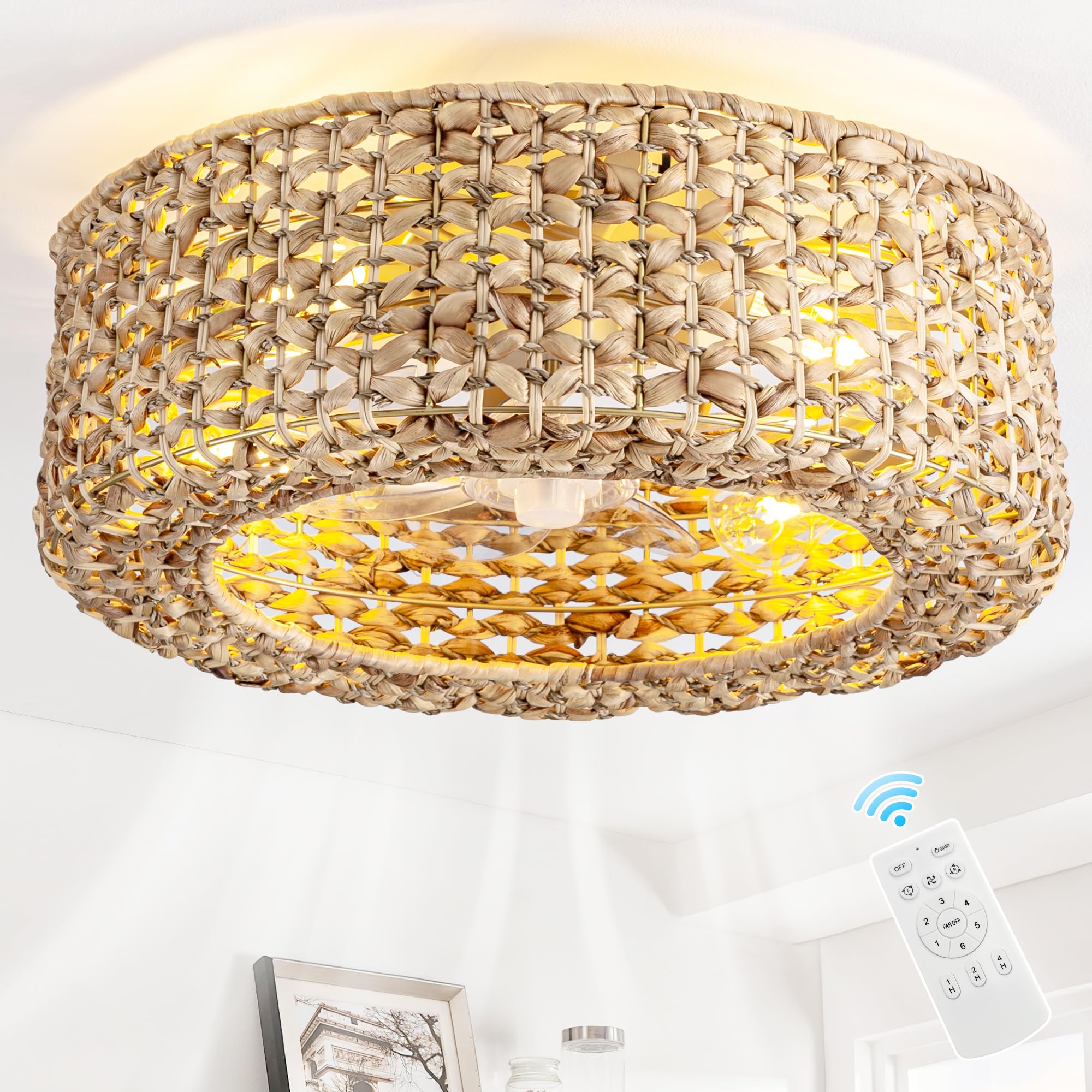 Jughtbo 0139-4H Handwoven Rattan Boho Ceiling Fans with Lights Remote Control Flush Mount Fandelier Low Profile Caged for Bedroo