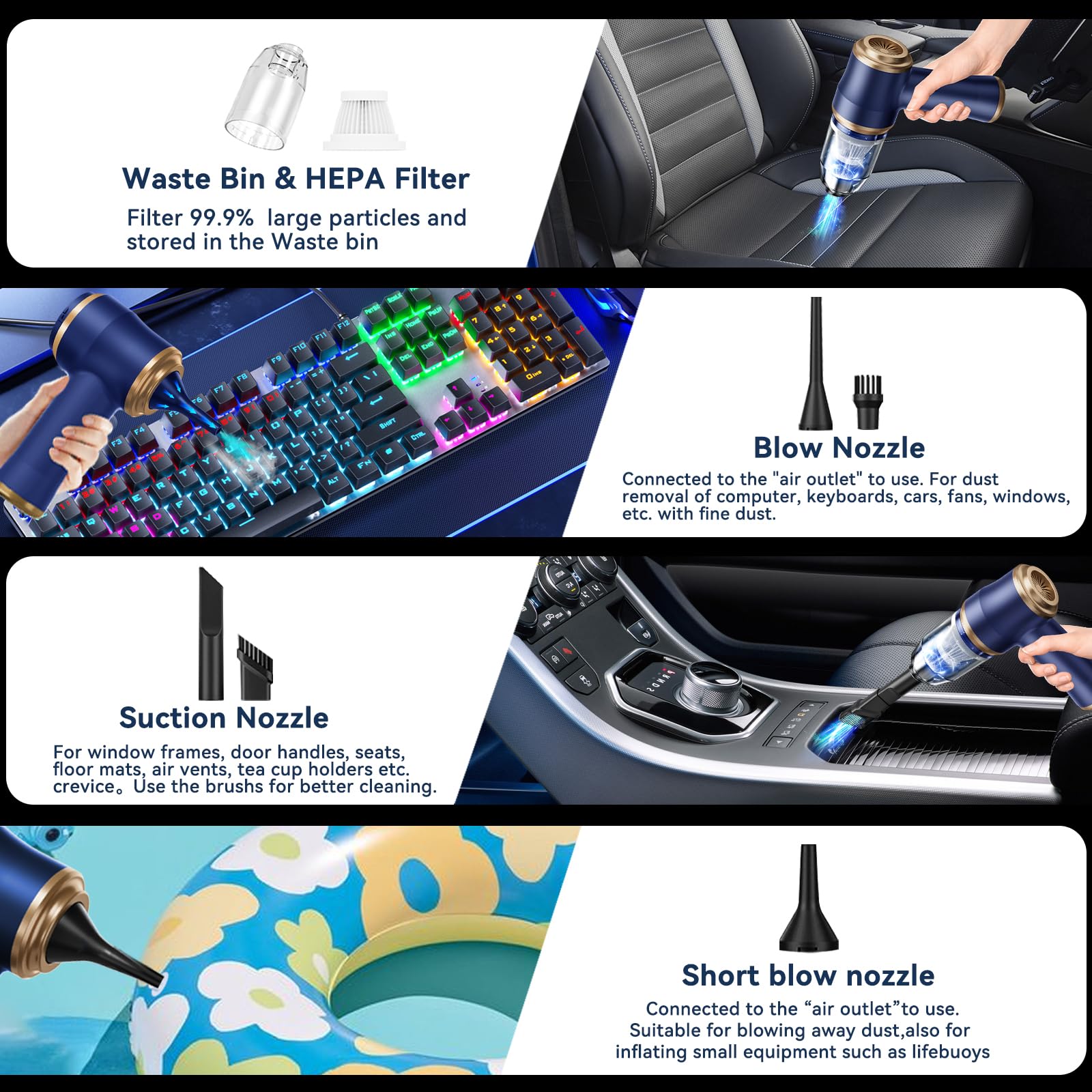 Belibuy Mini Car Vacuum Portable Cordless Handheld Vacuum, Vacuum Cleaner And Air Duster 2 In 1 With Multi Nozzles For Car, Comp