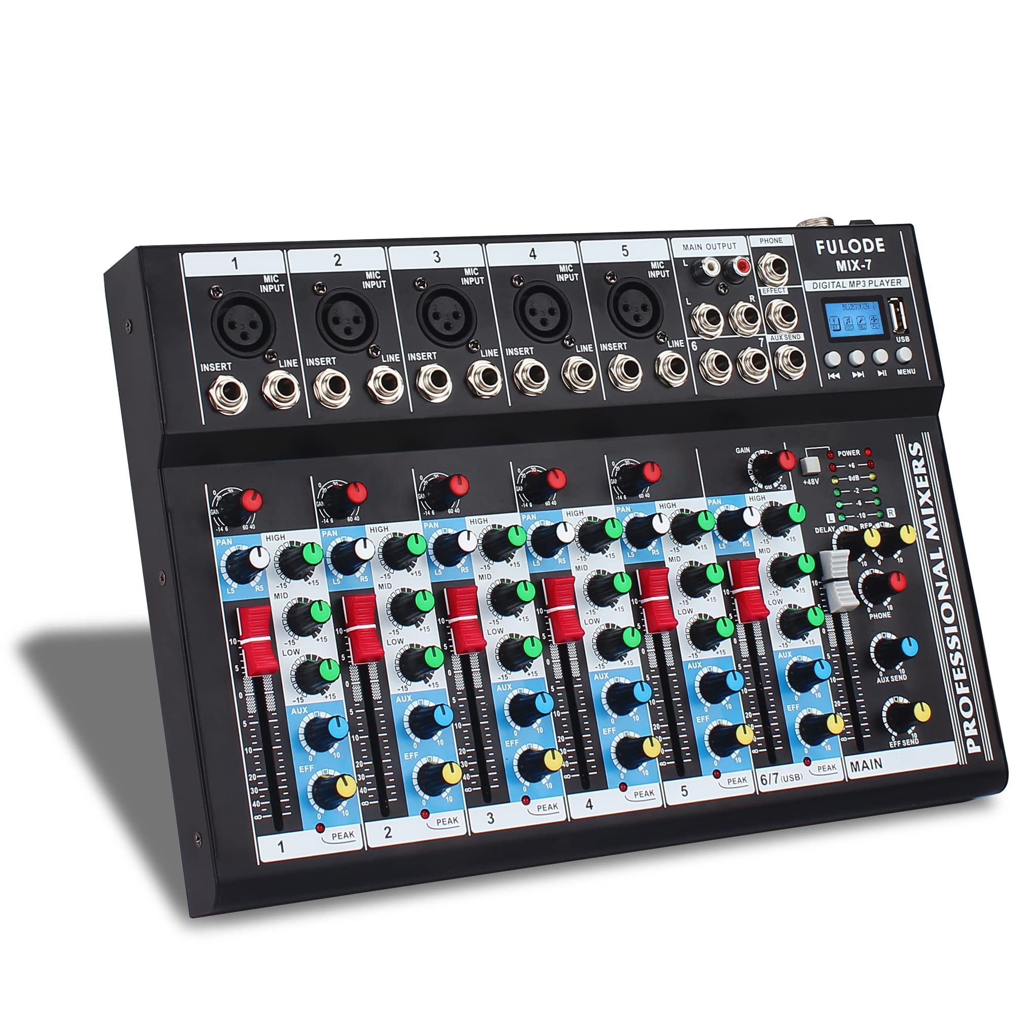 Fulode 7 Channel Audio Mixer, Bluetooth Portable Sound Board W/Usb Dj Mixer Mp3 Jack 48V Power For Computer Recording, Sound Mix