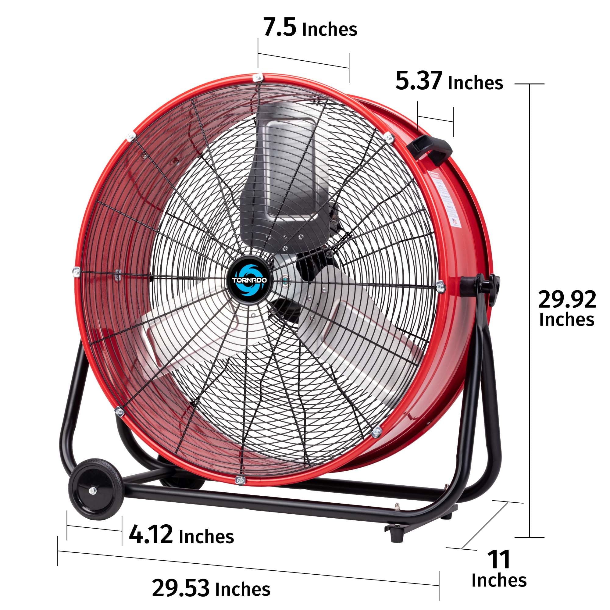 Tornado 24 Inch High Velocity Drum Fan, 8800 Cfm Heavy Duty Industrial Floor Fan, 3-Speed Tilt Adjustable Metal Blades, Wide Air
