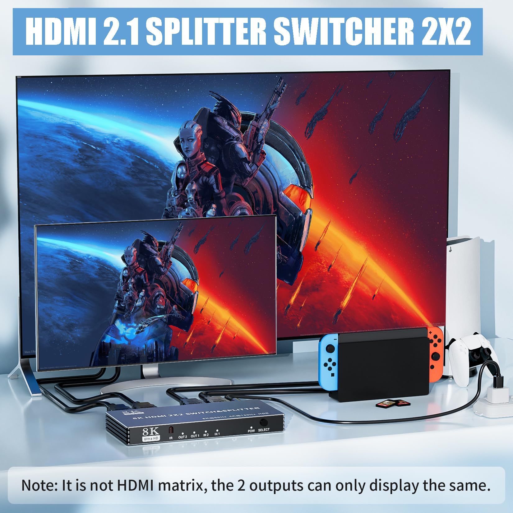 Lukfocab 2X2 Hdmi Switch Splitter, Hdmi 2.1 Switcher 2 In 2 Out 8K@60Hz 4K@120Hz, W/Ir Remote Control, Supports Hdcp 2.3 Hdr, Hd