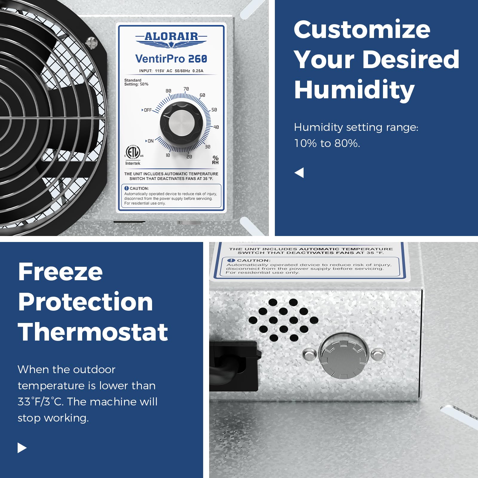 Alorair 260Cfm Crawl Space Ventilator Fan, 6.7 Inch Basement Vent Fan With Humidistat & Thermostat, Ip 55 Rated Isolation Mesh F