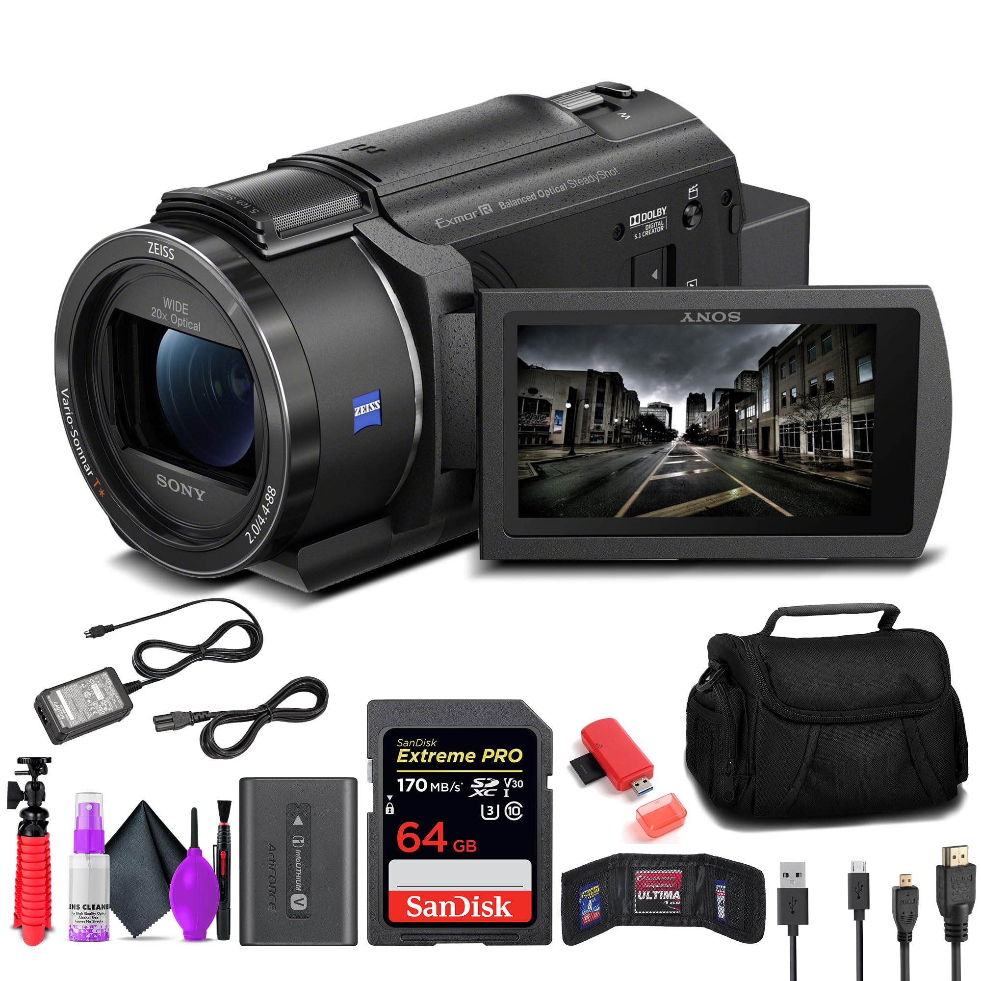 Sony FDR-AX43 UHD 4K Handycam Camcorder (FDRAX43/B) + 64GB Memory Card + Bag + Card Reader + Flexible Tripod + Memory Card Walle