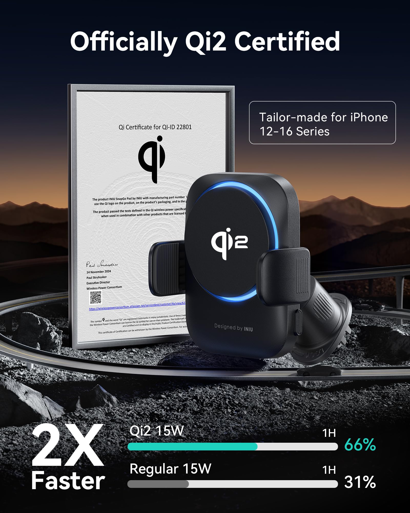 Iniu Qi2 Certified 15W Car Phone Holder Wireless Charger, Ultra-Stable 22N For Magsafe Car Mount Charger With Cooling Fins & Rgb