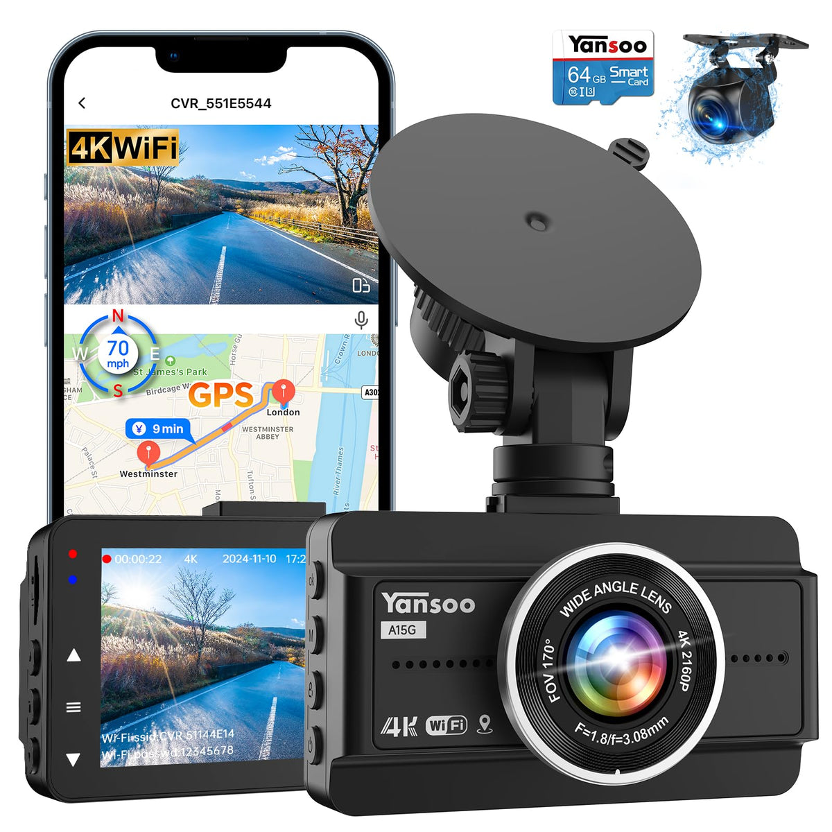 Dash Cam Front And Rear, 4K+1080P Dual Dash Camera For Cars With 64Gb Card, Built In Wifi & Gps, Dashboard Camera Dashcam With A