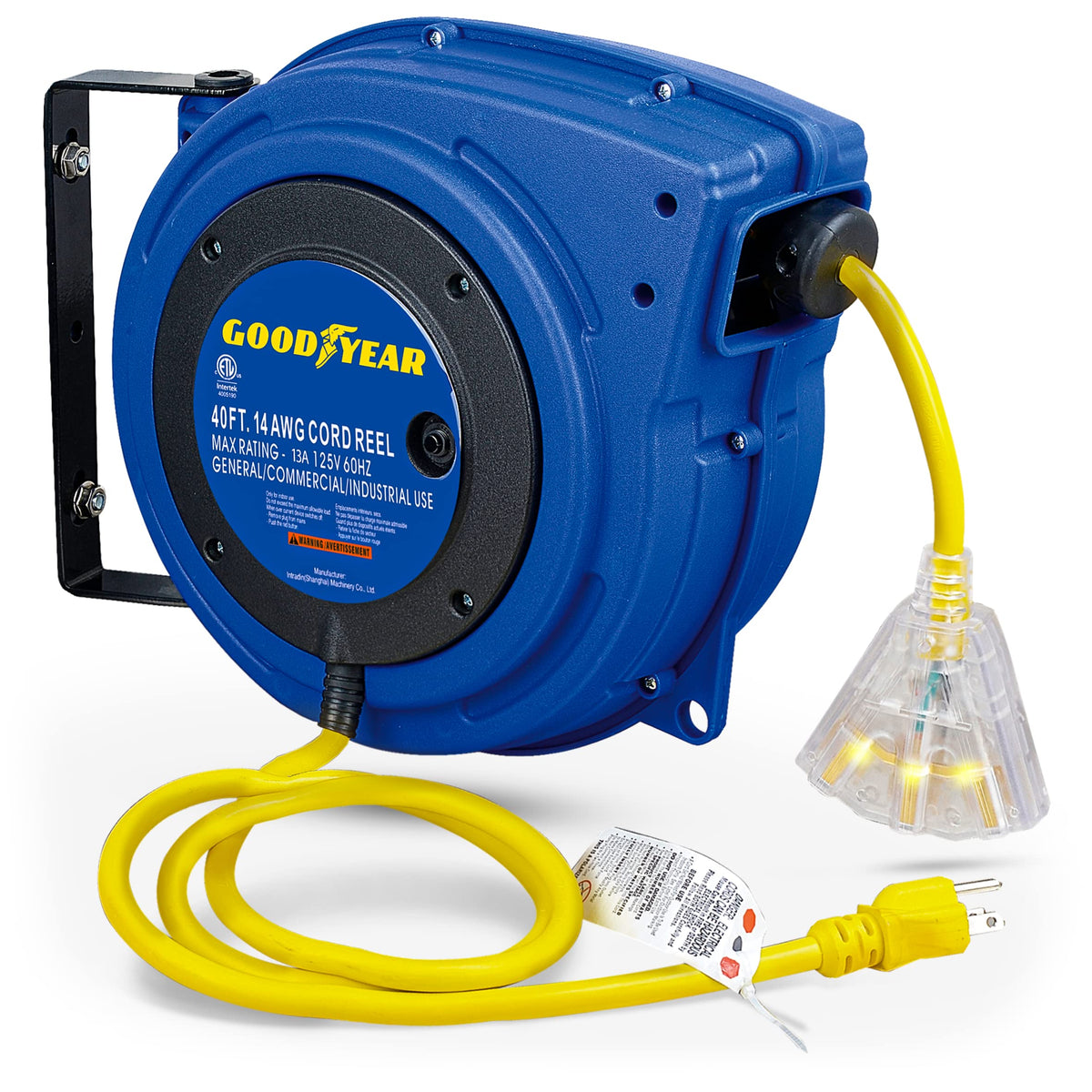 Goodyear Extension Cord Reel Extra Long 40 Ft 14Awg 3C Sjtow, Triple Tap Connector, Heavy Duty, Slow Retraction Stop At Any Poin