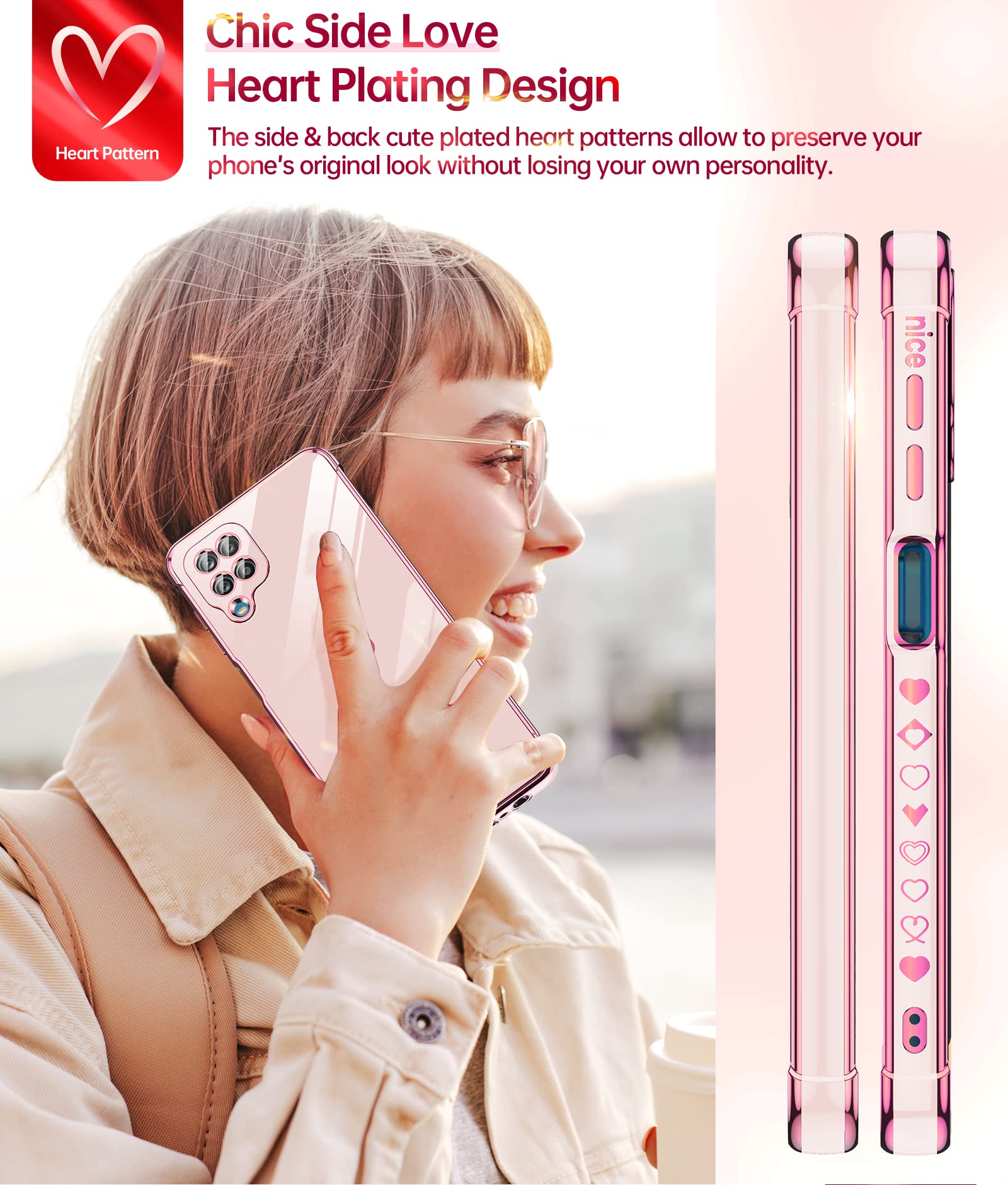 LeYi Samsung Galaxy A12 Phone Case Pink with Tempered Glass & Full Camera Lens Protection, Plating Love Heart Soft TPU