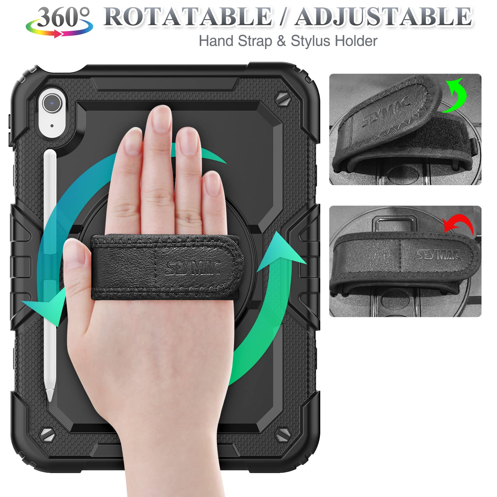 Seymac Stock Case For Ipad 10Th Generation 10.9'', Full Body Drop Protection Case With Screen Protector &360 Rotate Hand Strap/S