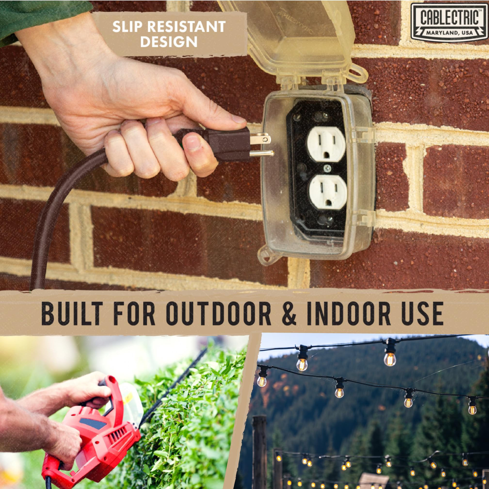 Cablectric 100 Ft Brown Outdoor Extension Cord 3 Outlet   16/3 Sjtw Weatherproof Heavy Duty Outdoor Extension Cord With Multiple