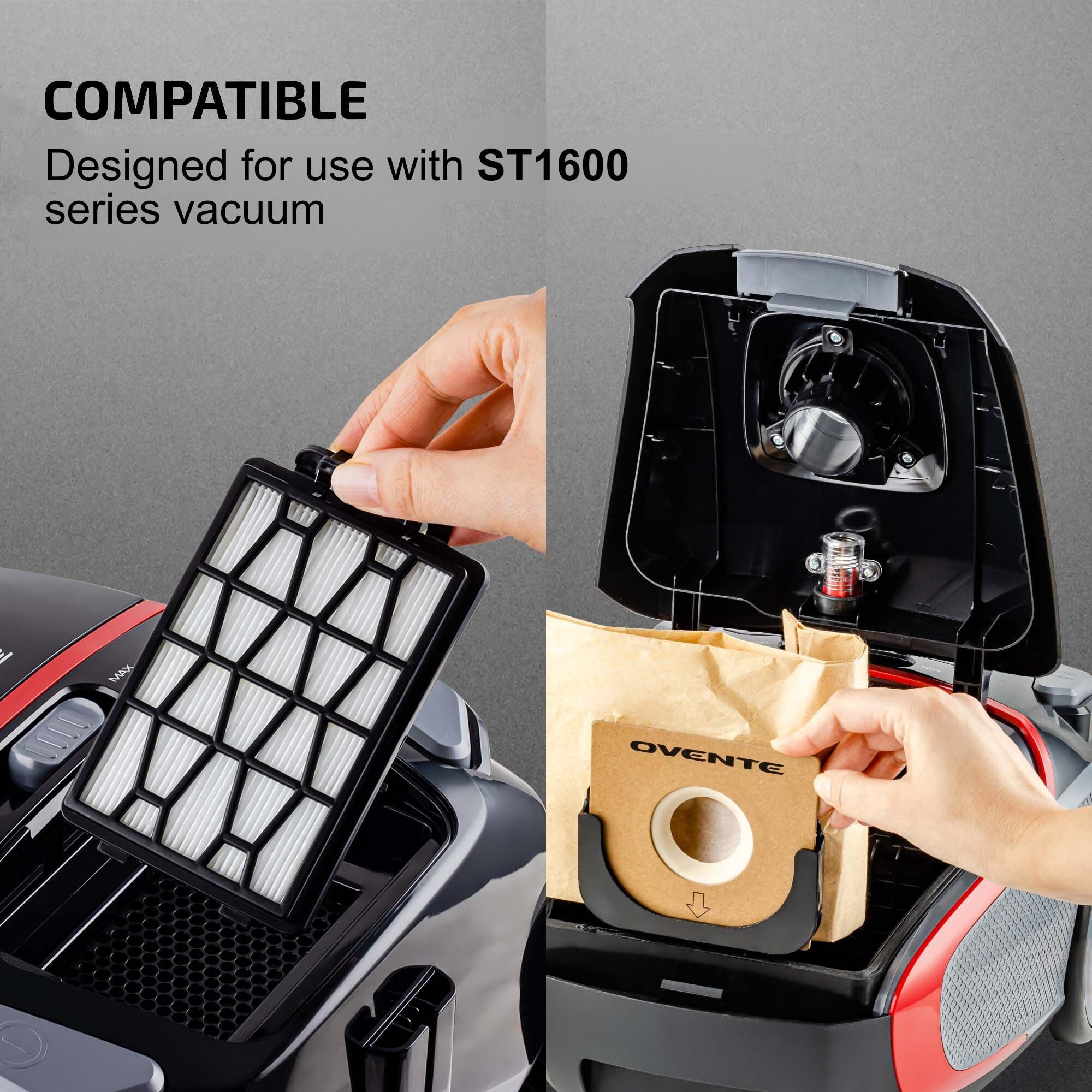 Ovente Replacement Dust Bags + 1 Replacement Filter For St1600B, Disposable Cleaning Bag (Pack Of 4) Compatible With Zing Canister Vacuum Series, Perfect Bundle Set For Efficient Cleanup, Acpst16041