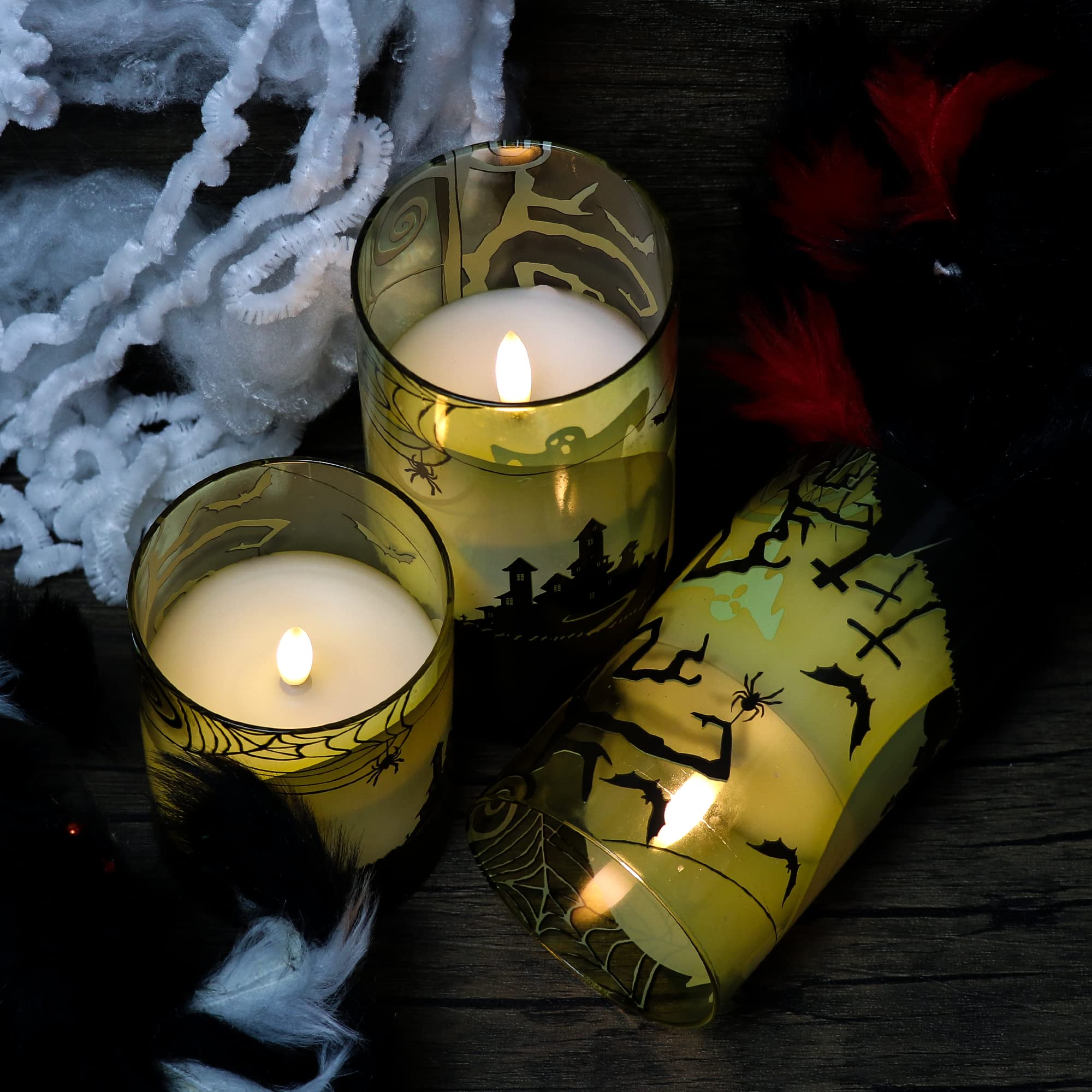 Genswin Halloween Candles Flameless With Remote Timer, Flameless Candles With Spider Web, Ghost, Castle Decals, 3 Pack Green Gla