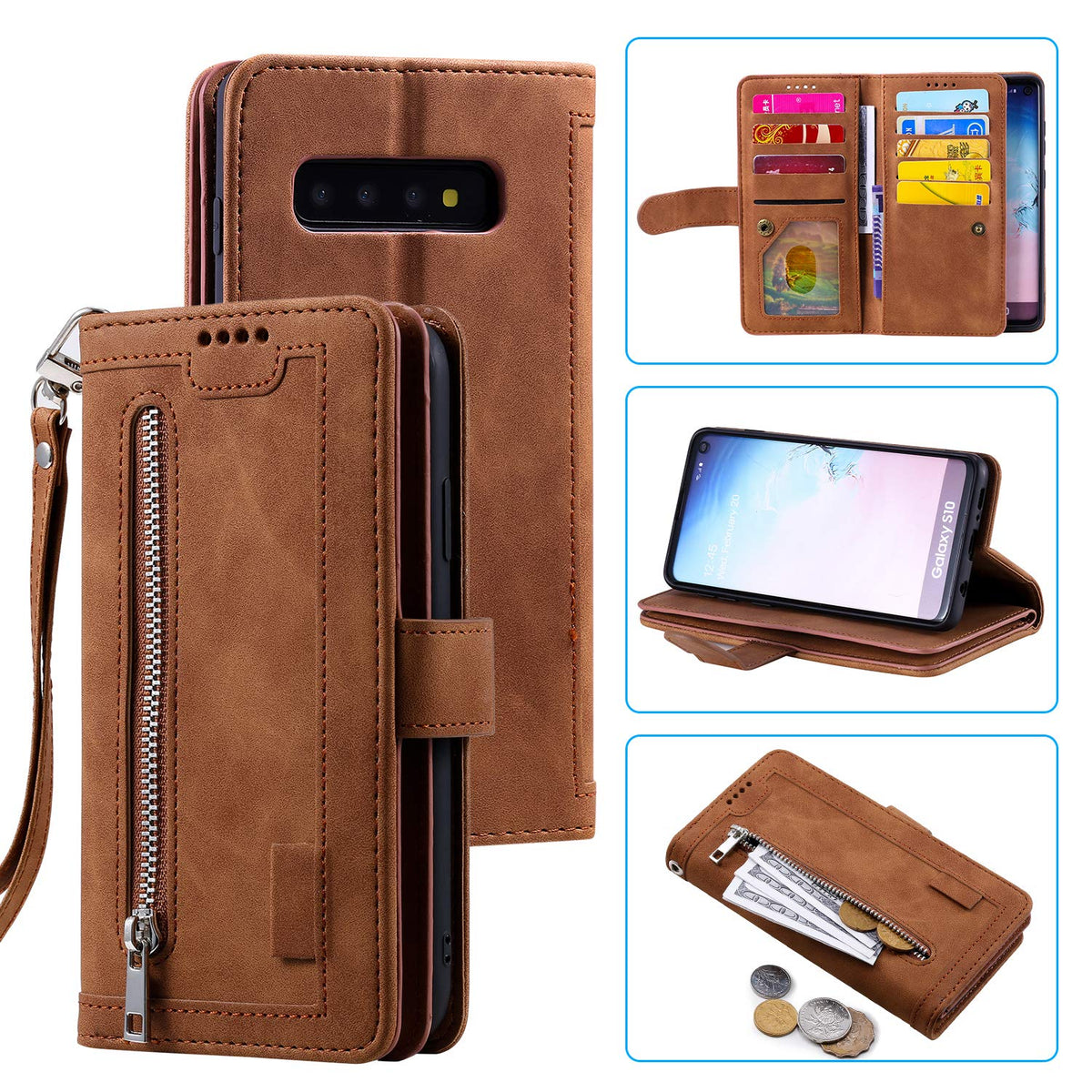 Ueebai Wallet Case For Samsung Galaxy S10, Retro 9 Card Holder Slots Zipper Pocket Handbag Case Pu Leather Magnetic Closure Kick