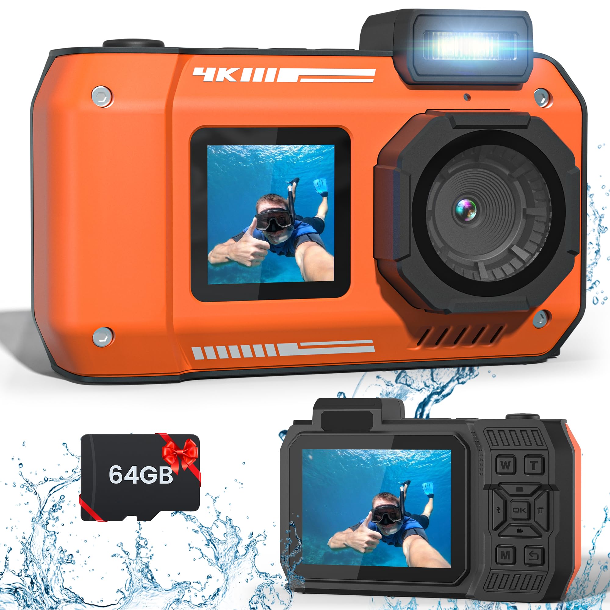33Ft Underwater Camera With 64G Card, 4K 48Mp Waterproof Camera Rugged Dustproof Shockproof For Snorkeling, Autofocus Selfie Dig