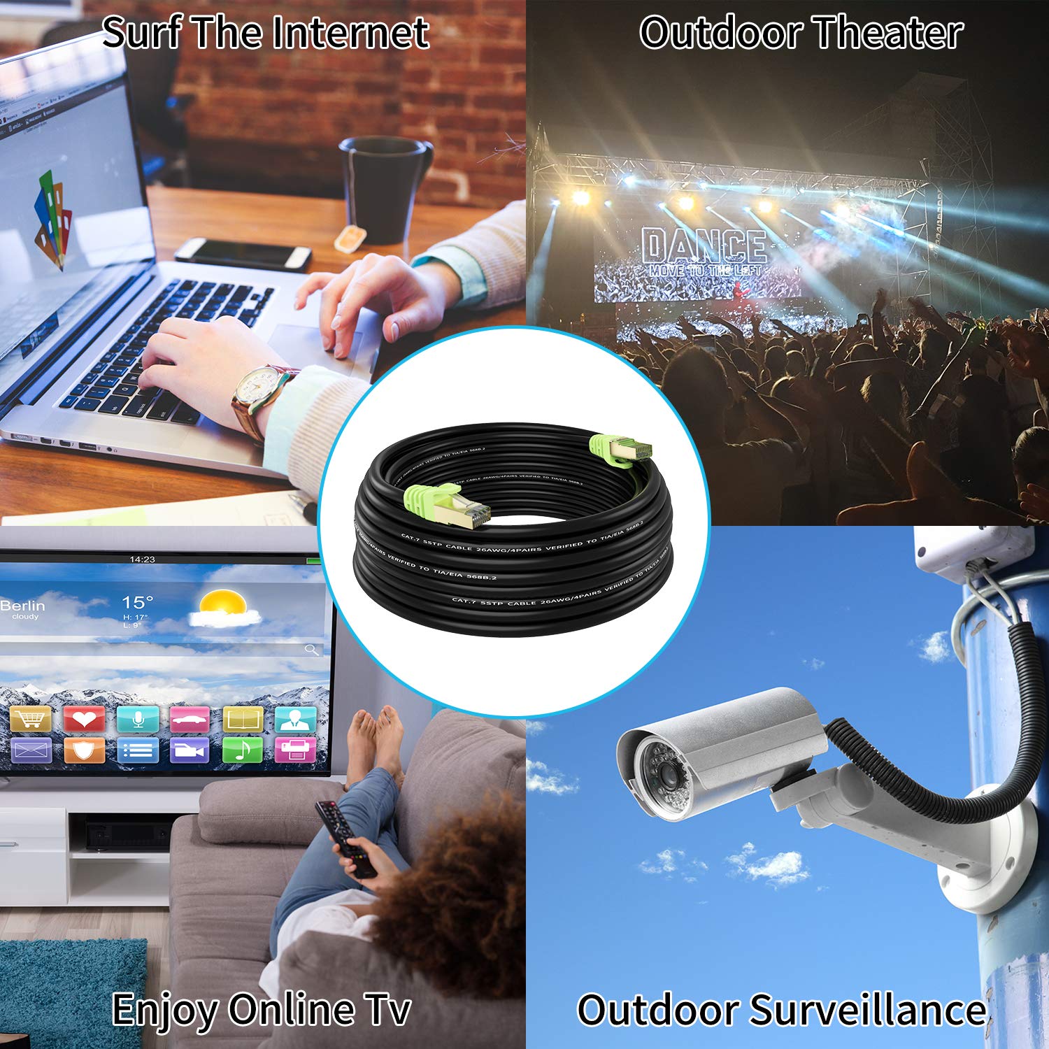 Xxone Outdoor Cat 7 Ethernet Cable 50Ft, 26Awg Heavy Duty Cat7 Networking Cord Patch Cable Rj45 Transmission Speed 10Gbpstransmission Bandwidth 600Mhz Lan Wire Cable Sftp Waterproof Direct Burial