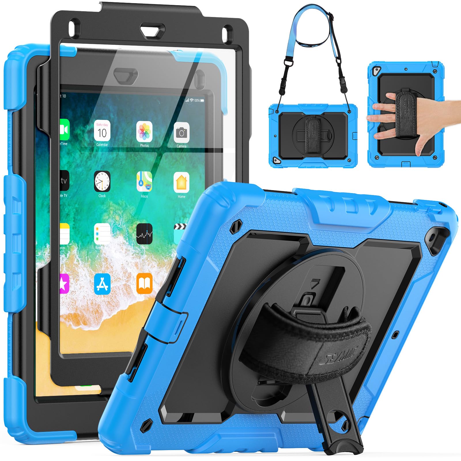 Seymac Case For Ipad 6Th/5Th Generation Case 9.7 Inch For Kids, Full Body Shockproof Heavy Duty Protective Case With Screen Protector, Stand/Hand/Shoulder Strap For Ipad Air 2/ Pro 9.7, Light Blue