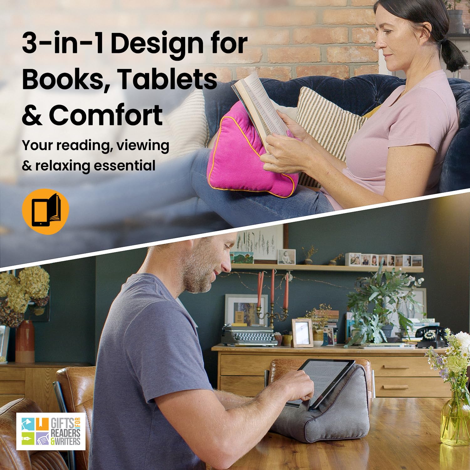 Gifts For Readers & Writers Book Pillow Tablet Stand For Bed Blue - Premium Cushioned Book Holder For Hands Free Reading, Stylis