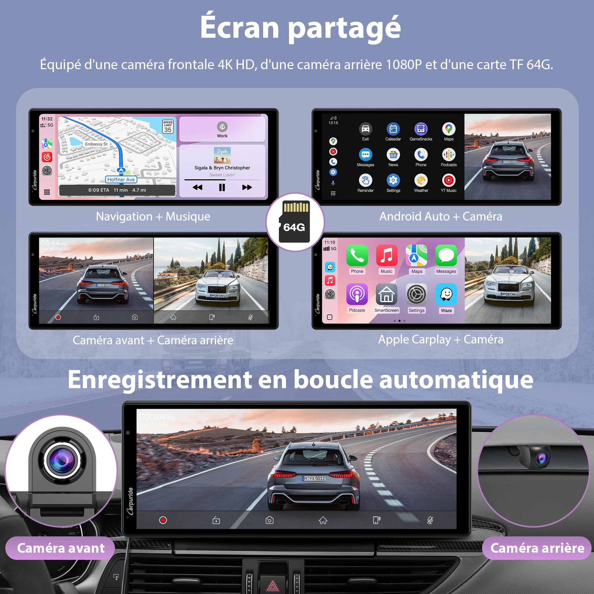 Carpuride Wireless Carplay & Android Auto With Dash Cam   10.26 Inch Hd Ips Touch Car Play Screen For Car, 4K Front & 1080P Rear