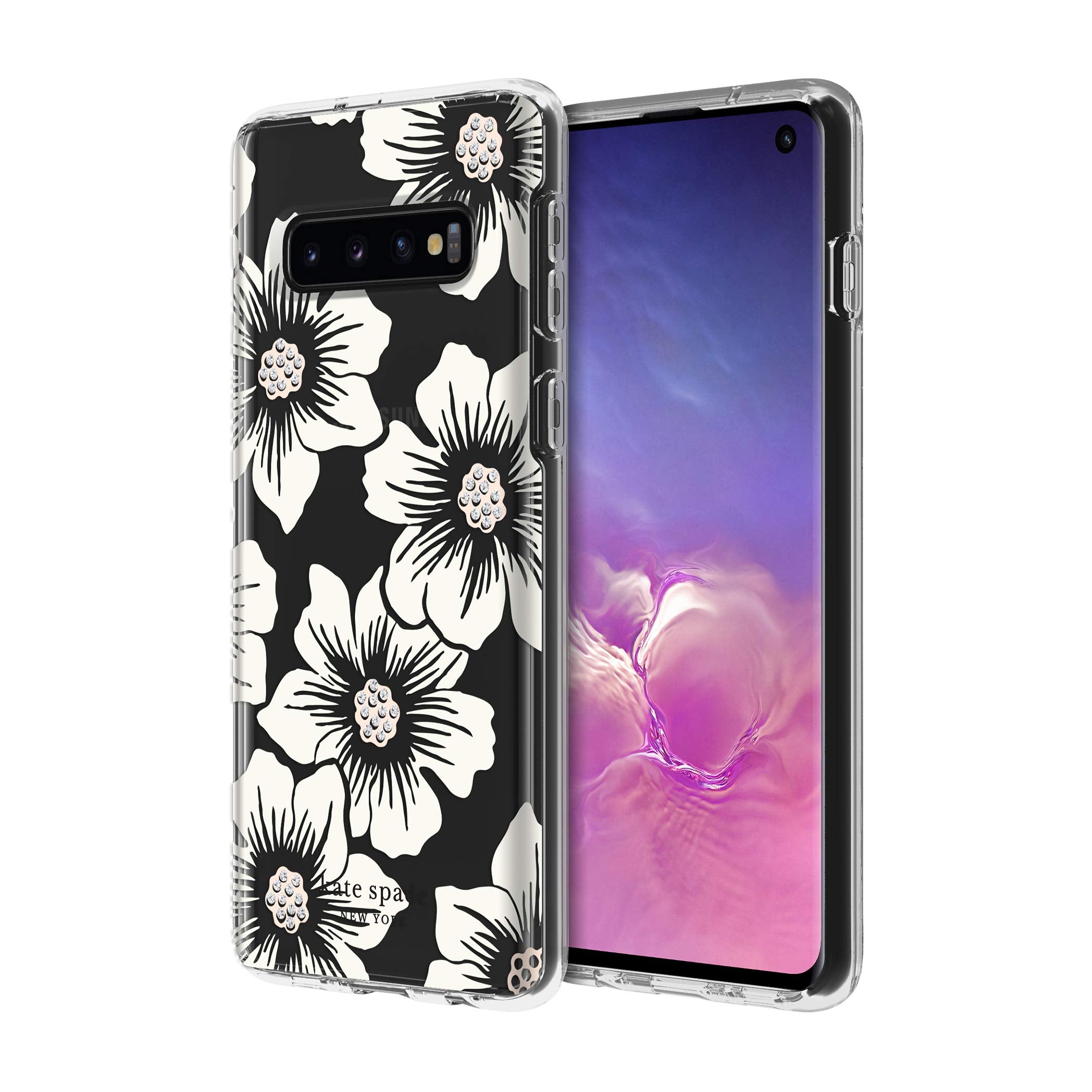 Kate Spade New York Phone Case | For Samsung Galaxy S10 | Protective Clear Crystal Hardshell Phone Cases With Slim Design And Drop Protection   Hollyhock Floral Clear/Cream With Stones