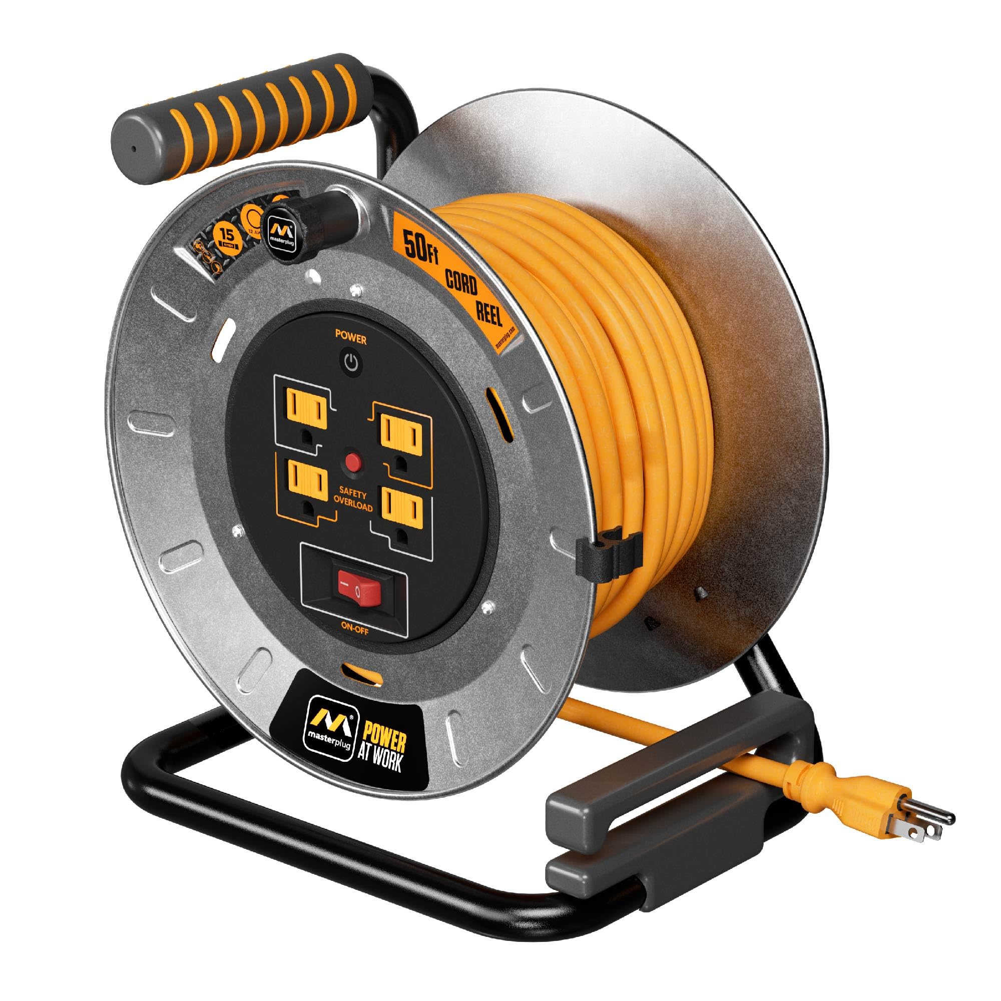 Masterplug 50Ft Cord Reel, Metal Steel Cable Drum, Retractable Extension Lead With Winding Handle, Safety Overload Circuit Break
