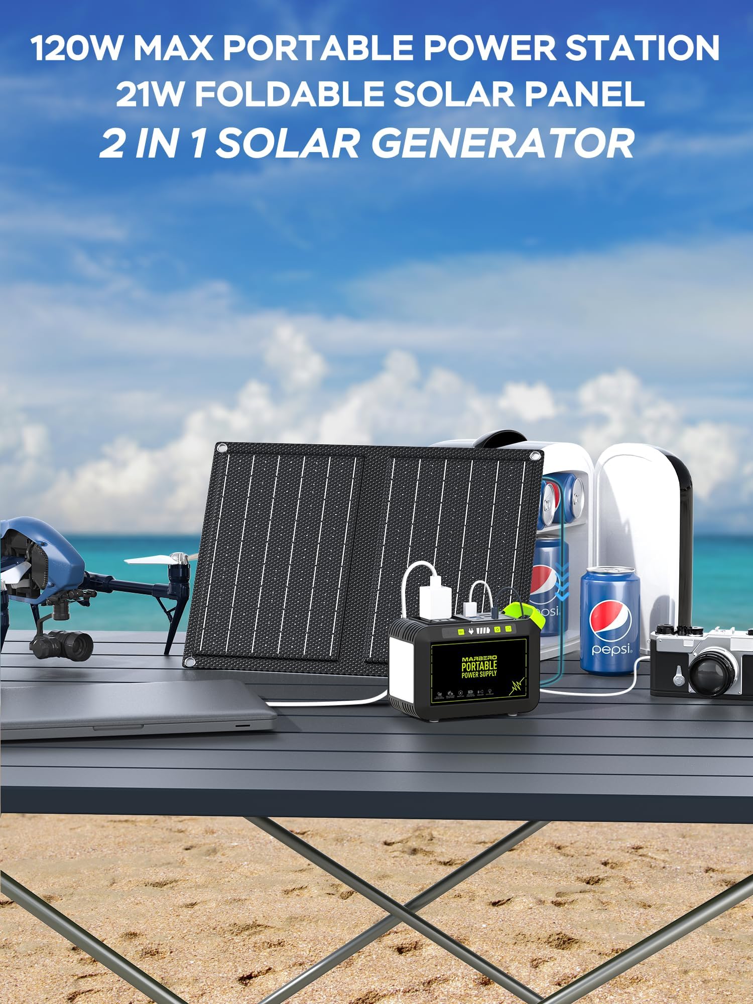 Marbero 88.8Wh Solar Generator With 21W Solar Panel Included Portable Power Station 80W 110V 120W Max For Camping Outdoor Hiking