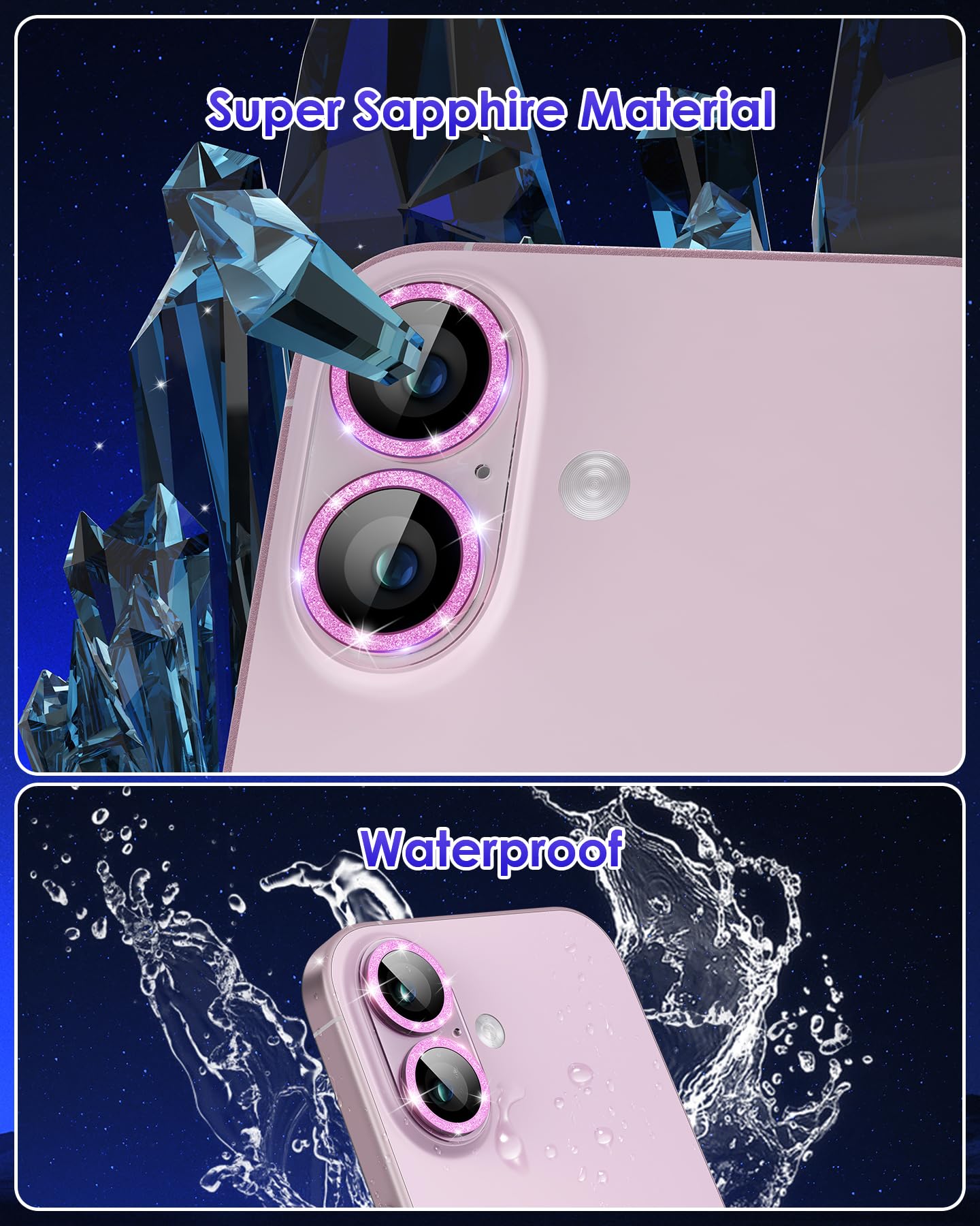 Kanosan For Iphone 16 Plus/Iphone 16 Camera Lens Protector Glitter, Clear Acrylic Plus Aluminium Alloy Ring 9H Tempered Glass Sc