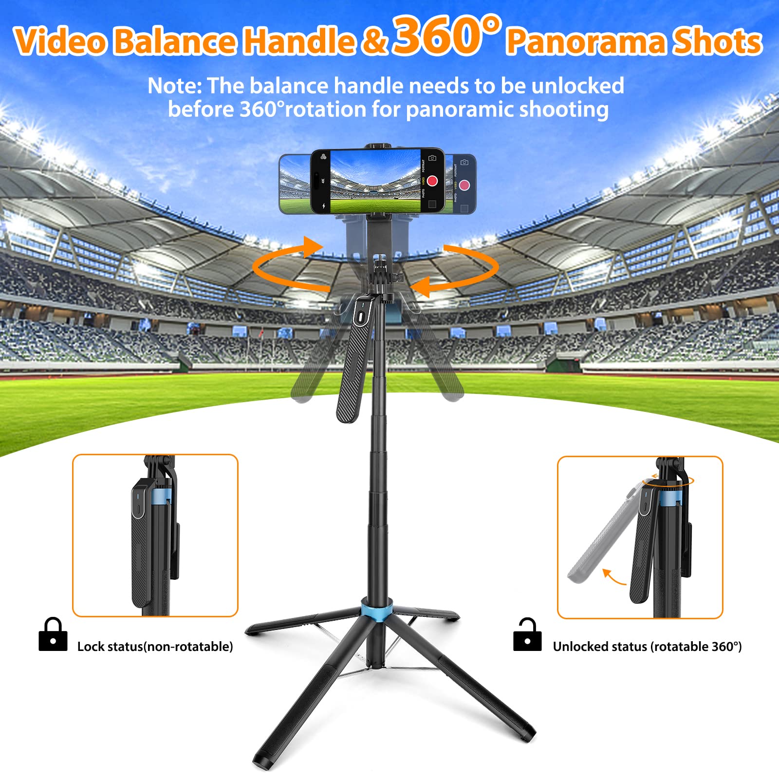 Eocean 71 Tall Selfie Stick Tripod Quadripod With Remote & With 360 Ballhead, Aluminum Alloy Extendable Cell Phone Tripod Stand,