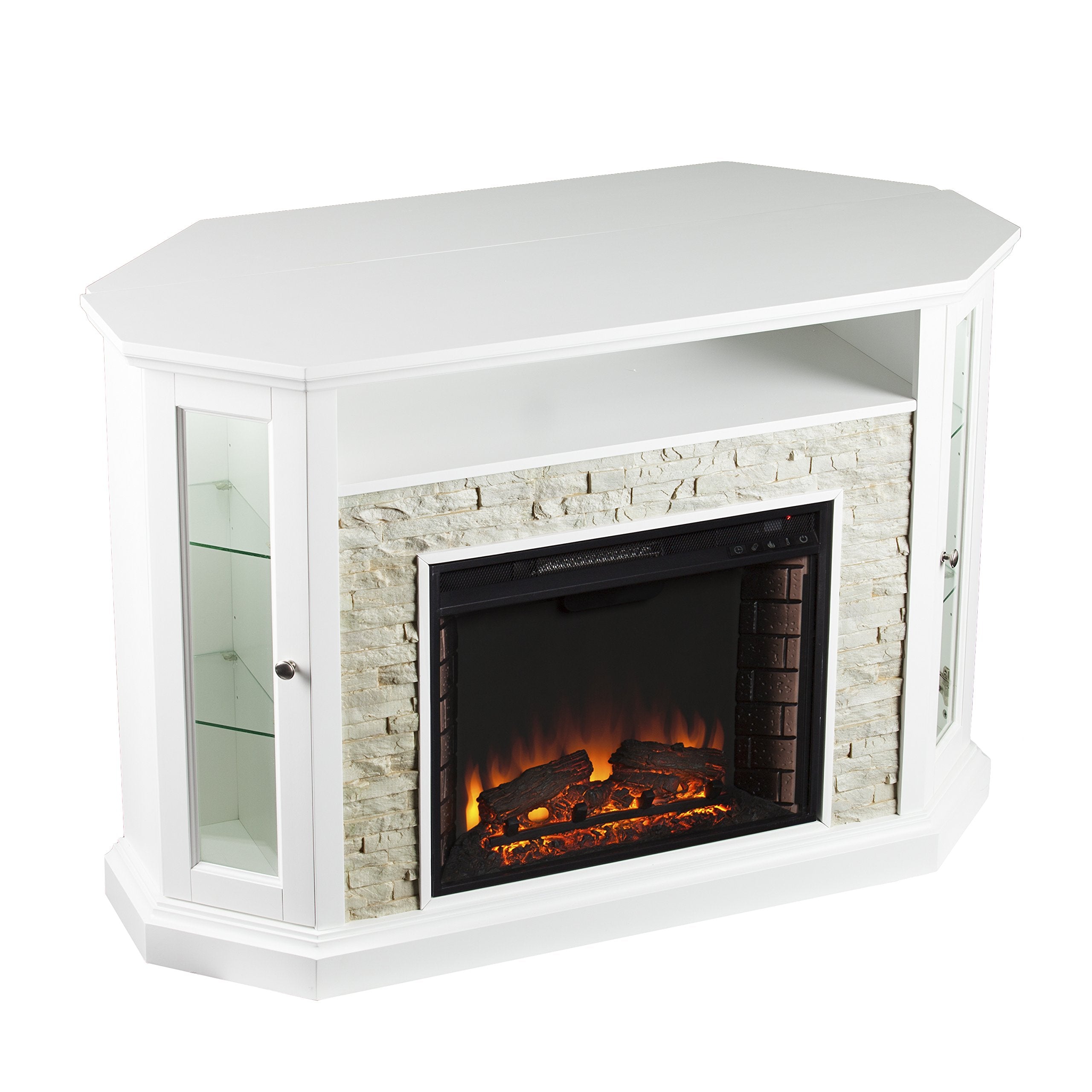 Sei Furniture Redden Faux Stone Convertible Electric Media Storage Corner Fireplace, Fresh White