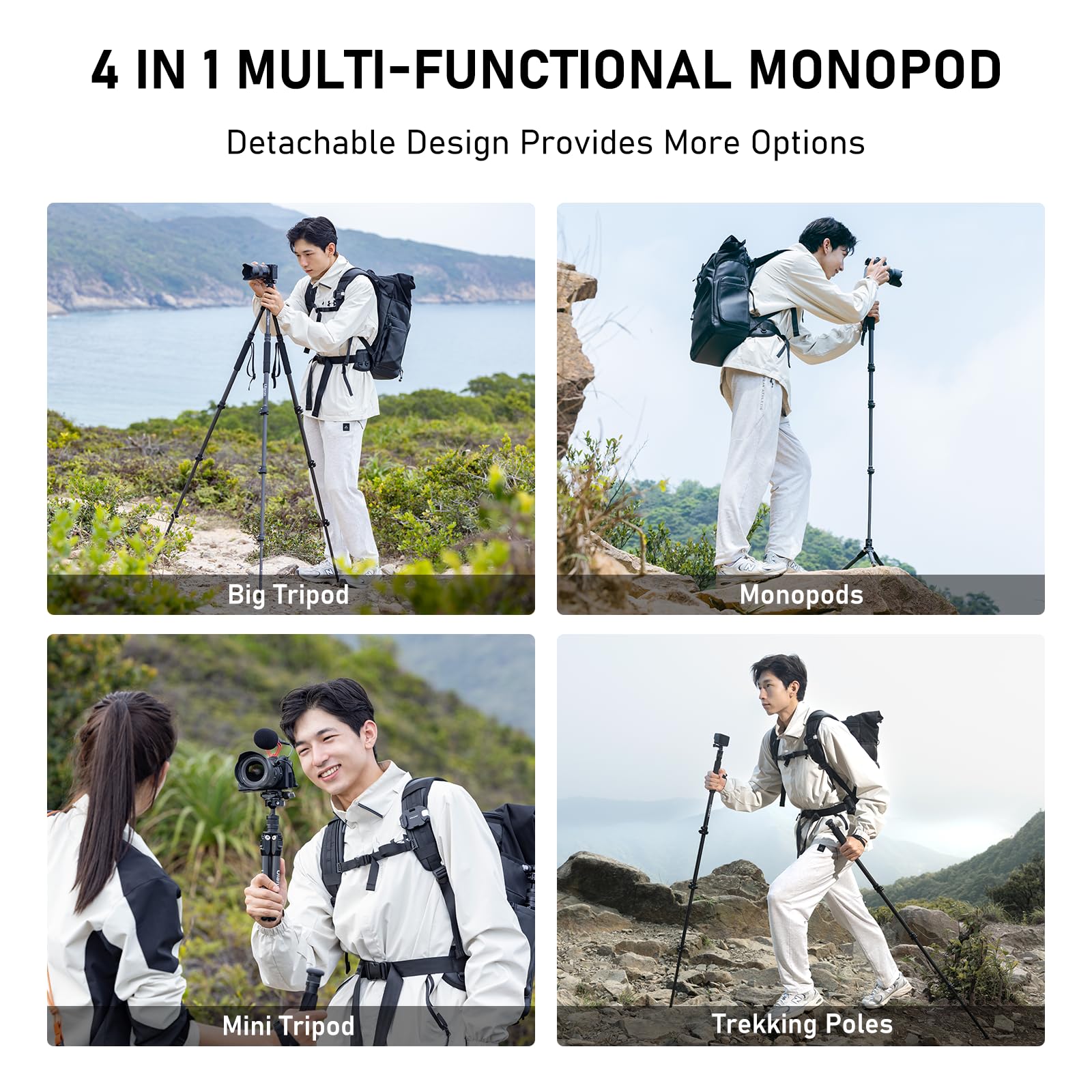 Ulanzi Tt35 Hiking Stick Tripod Kit, Travel Camera Tripod Monopod, 57.48'' Detachable Carbon Fiber Tripod Stand Kit With 3 Hikin