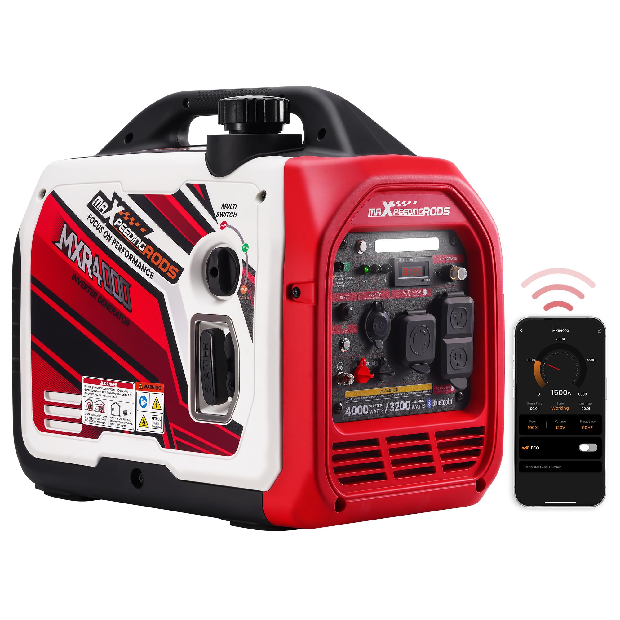 Maxpeedingrods 4000 Watt Inverter Generator Portable, Bluetooth App Remote Data Monitor, Rv Ready, Gas Powered Generator With Co