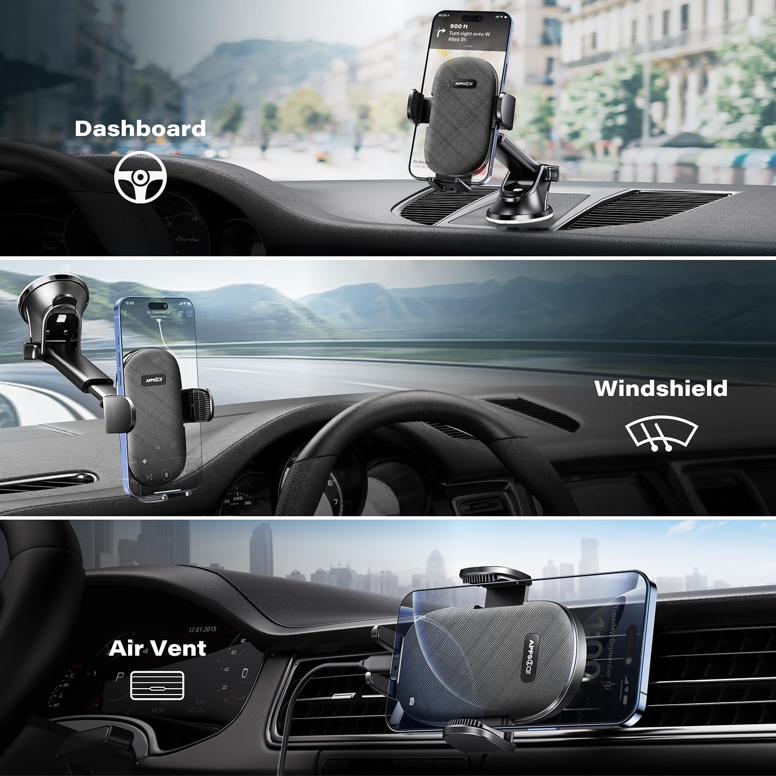 Apps2Car Suction Cup Phone Mount, Windshield/Dashboard/Air Vent Car Phone Holder Mount With Sticky Gel Pad, Compatible With Ipho