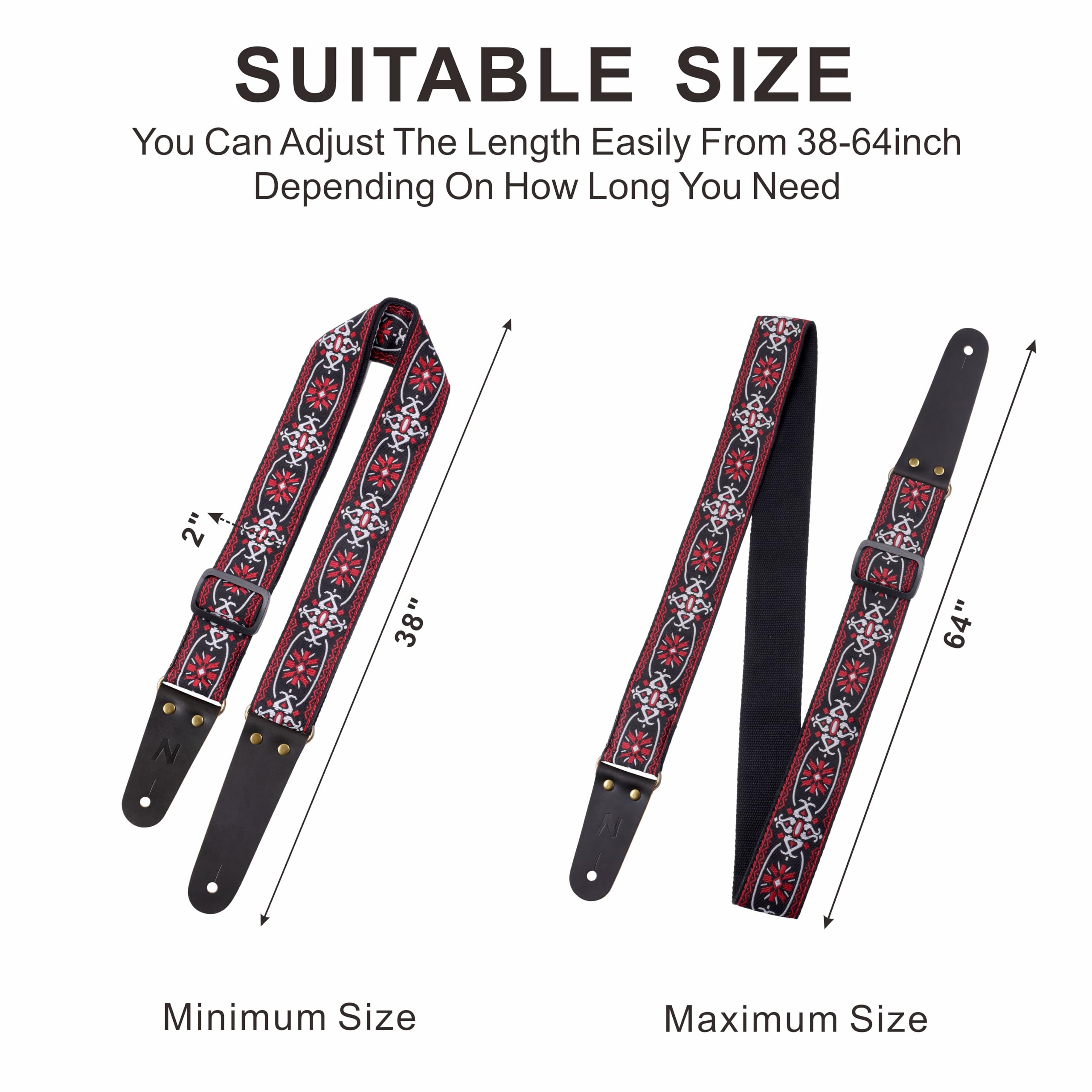 Nefelibata Guitar Strap, Embroidered Cotton Guitar Straps With Head Cowhide Leather Ends For Bass, Electric & Acoustic Guitars,
