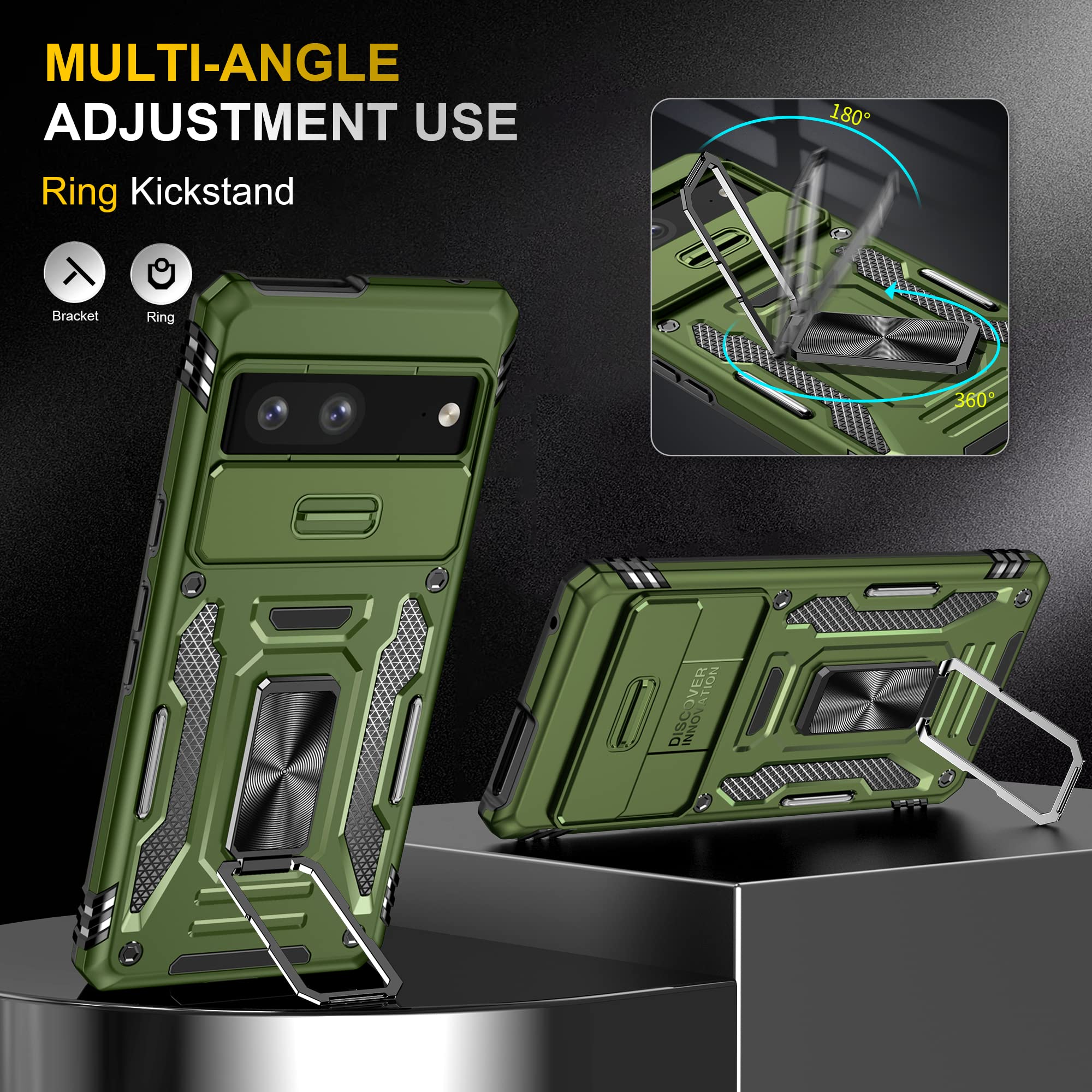 ZMPHG Pixel 7 5G Shockproof Case with Ring Kickstand Camera Cover TPU PC Olive Green