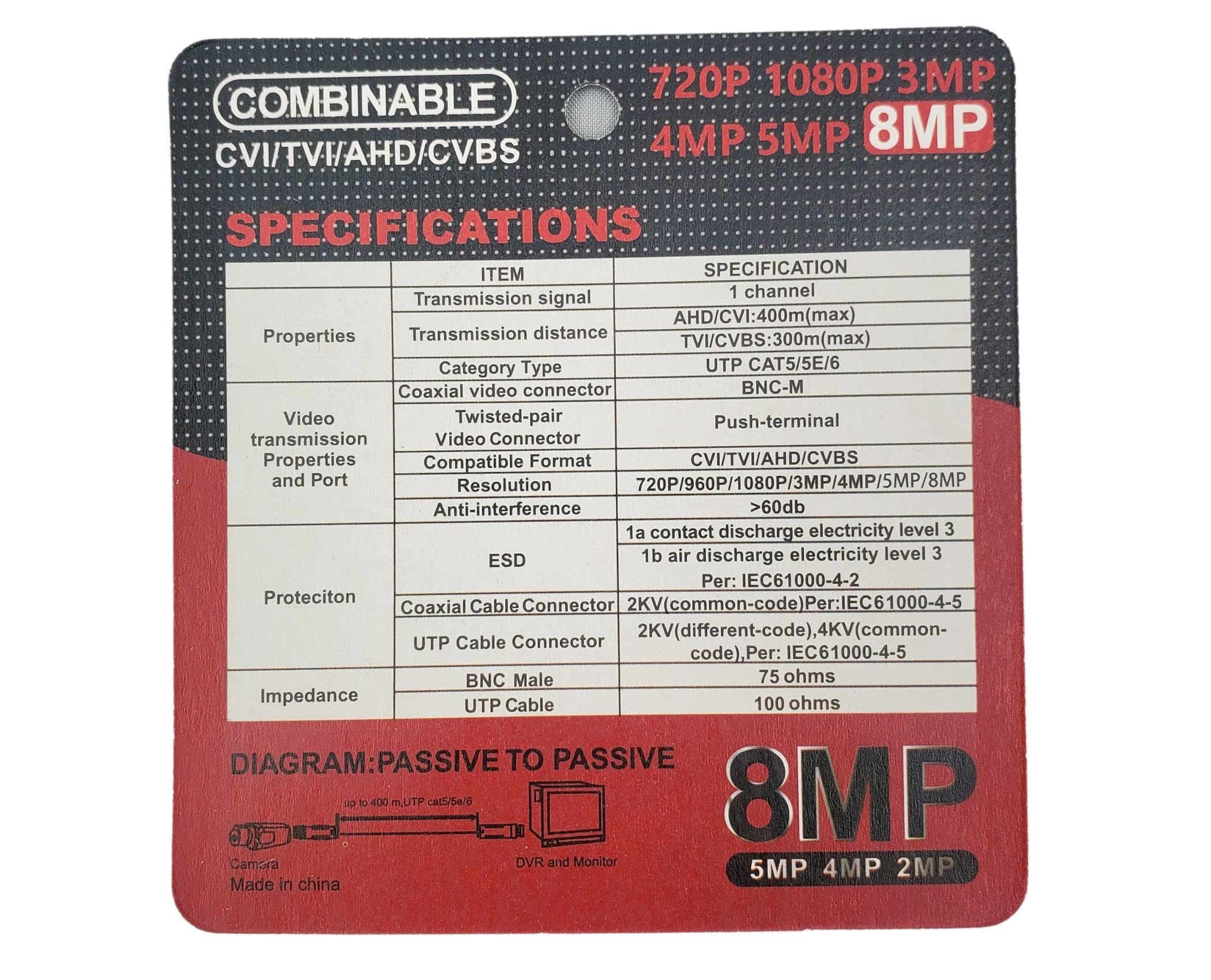 Evertech 4 Pairs (8 Pcs) 8Mp Passive Hd Bnc Video Balun Transceiver Transmitter Ahd/Tvi/Cvi/Cvbs Cable Connectors For 720P/960P/