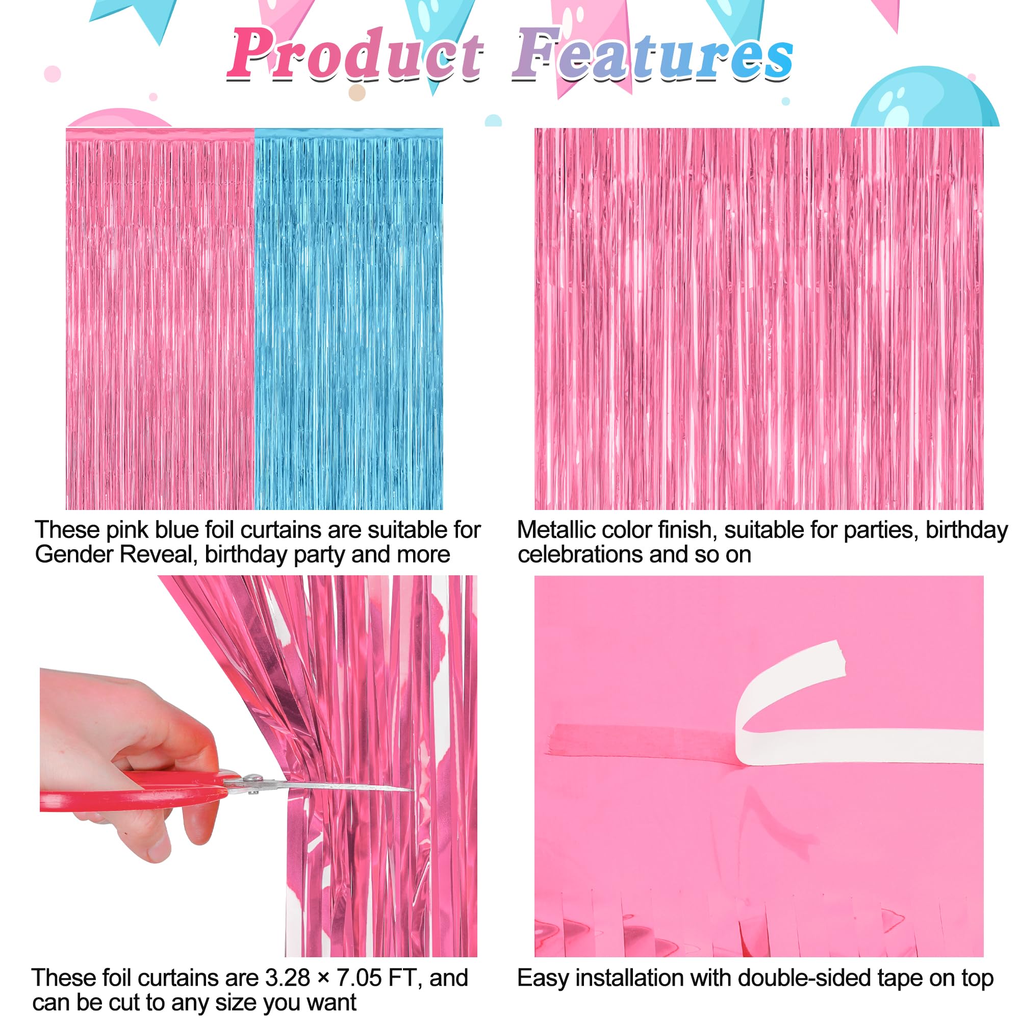 2 Pack Gender Reveal Decorations, 3.28 Ft X 7.05 Ft Pink And Blue Fringe Backdrop, Metallic Boy Or Girl Foil Fringe Curtains Tin