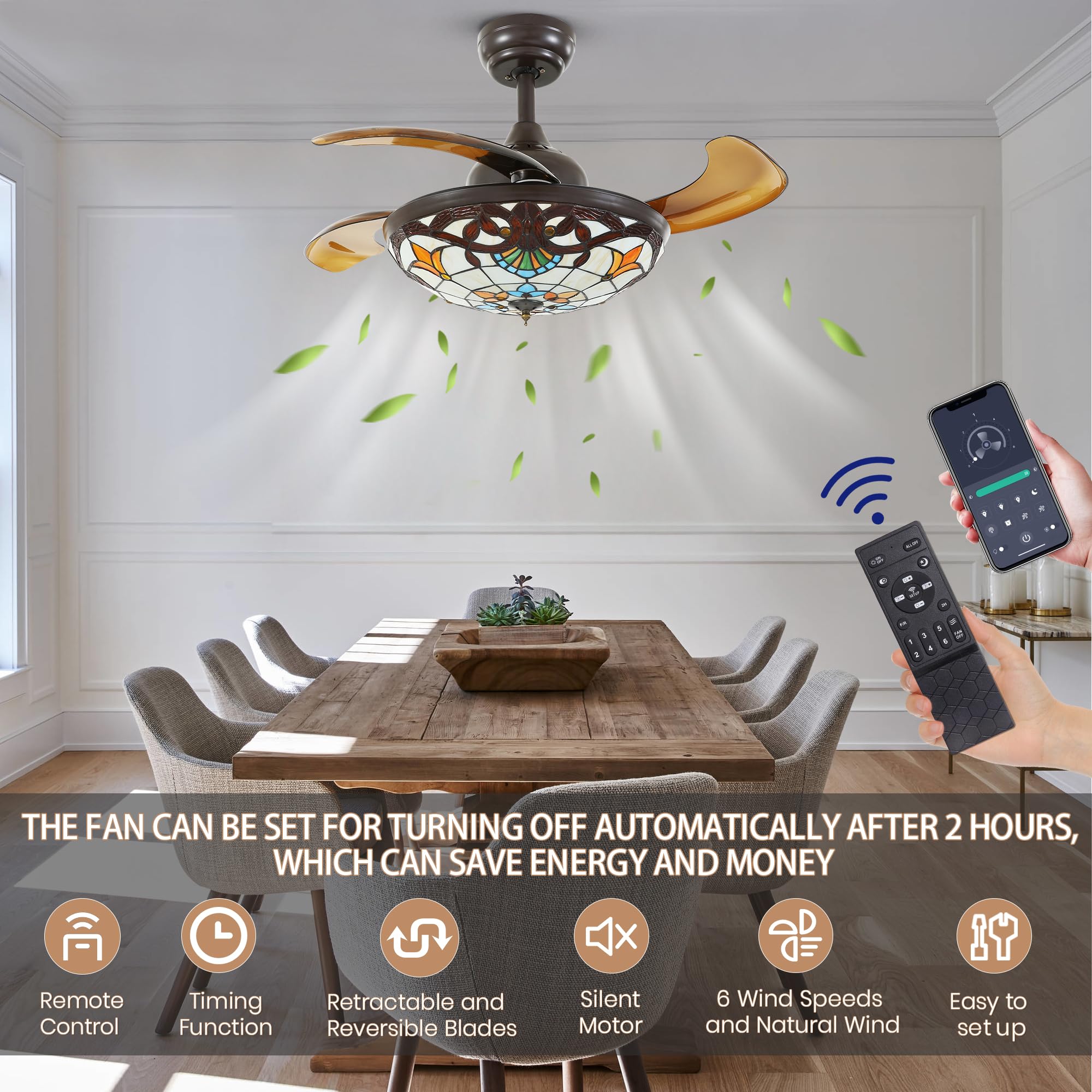 Apbeamlighting 36'' Tiffany Style Ceiling Fan With Lights, Remote Control Led Dimmable Fandelier Fixture With 4 Retractable Reve