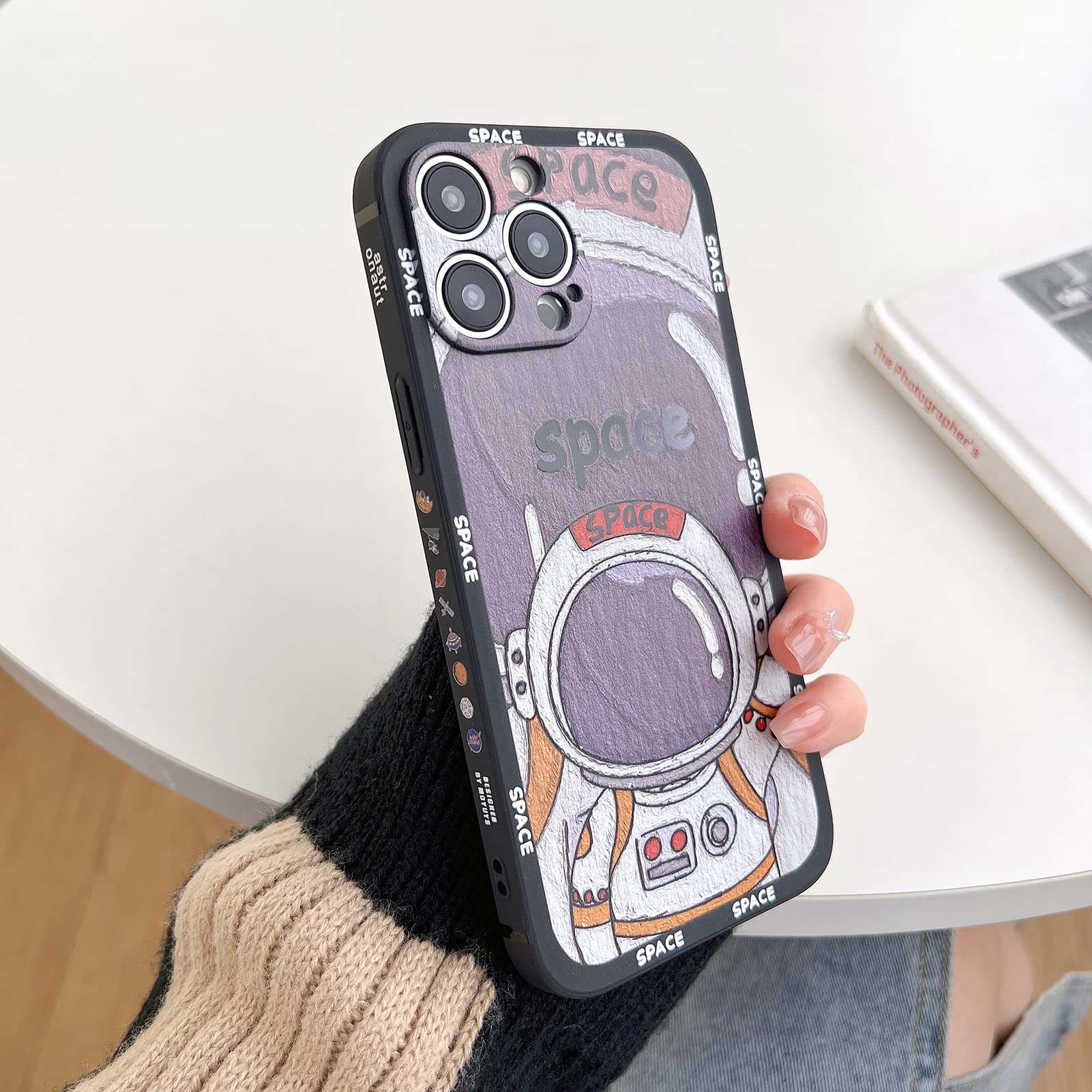 Yonds Queen iPhone 14 Pro Max Phone Case Cute Cartoon Astronaut Space Moon Planet Design Shockproof TPU Draw Black