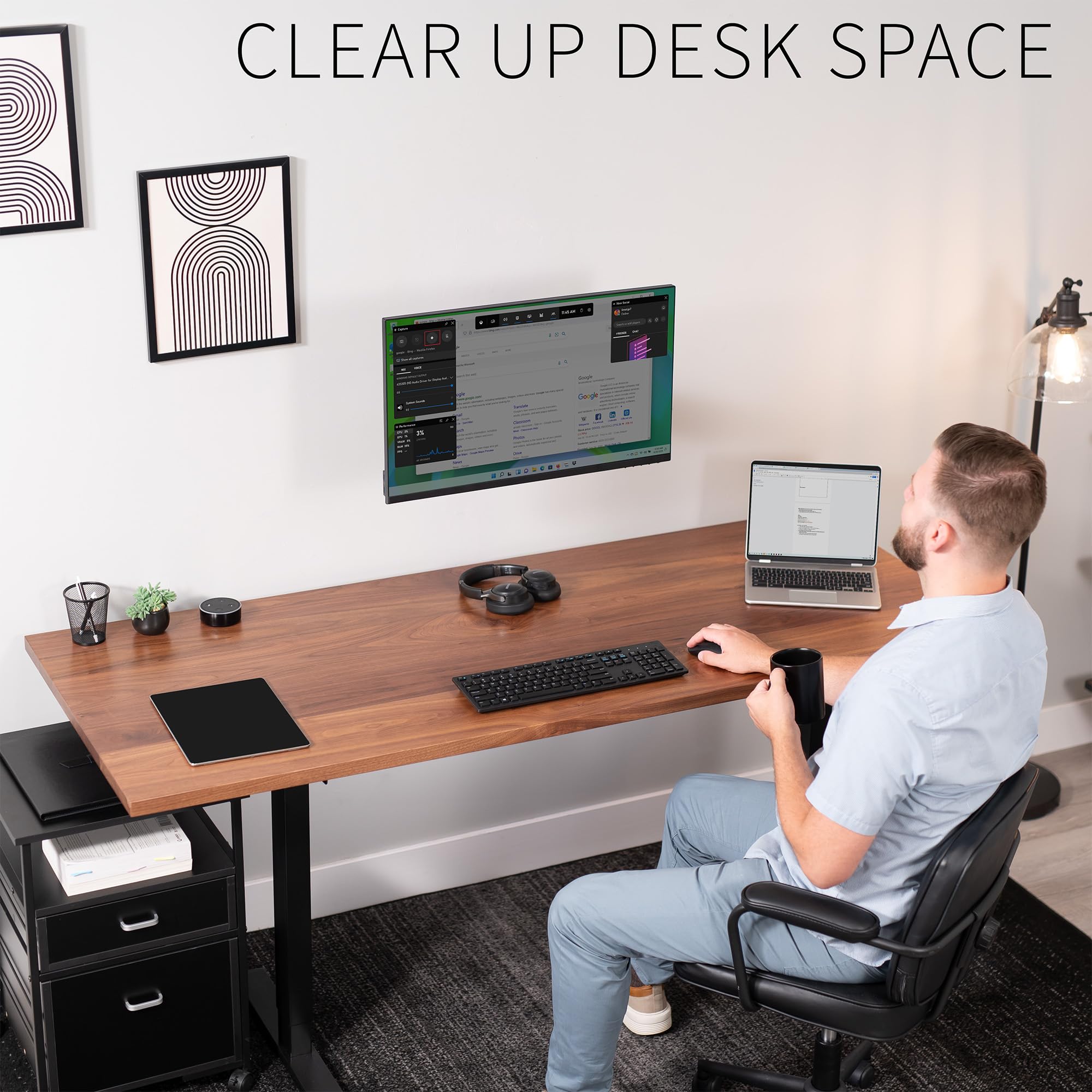 VIVO Height Adjustable Pneumatic Arm Single Monitor Wall Mount, Full Motion Articulating, Fits 17 to 32 inch Screen, Black, MOUNT V001A