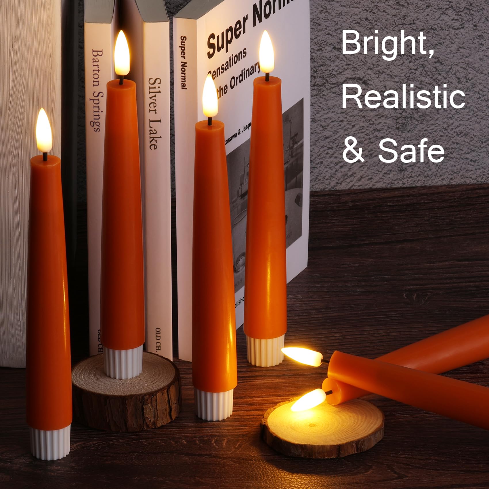 Eywamage Short Orange Flameless Taper Candles With Remote, Flickering Halloween Fall Led Candlesticks Set Of 6
