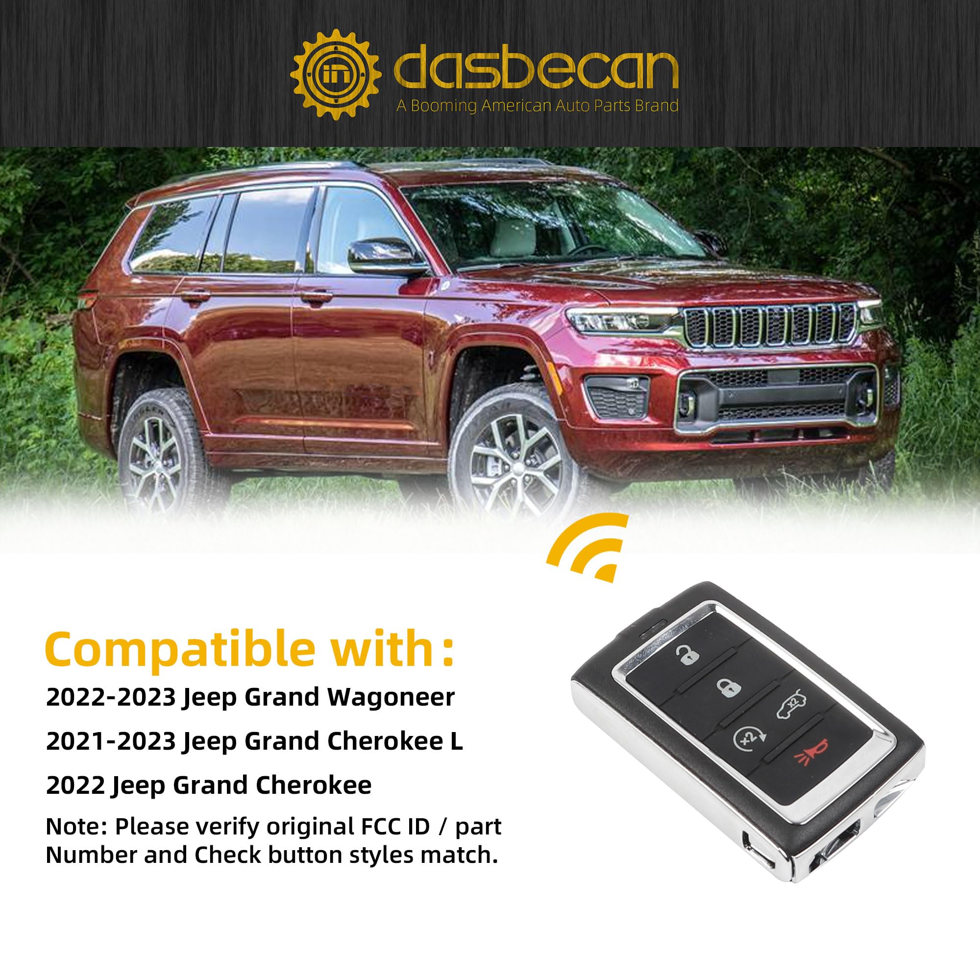 Dasbecan Key Fob Replacement Compatible With Jeep Grand Wagoneer Cherokee L 2021-2023 Keyless Entry Remote Control Replaces 6846