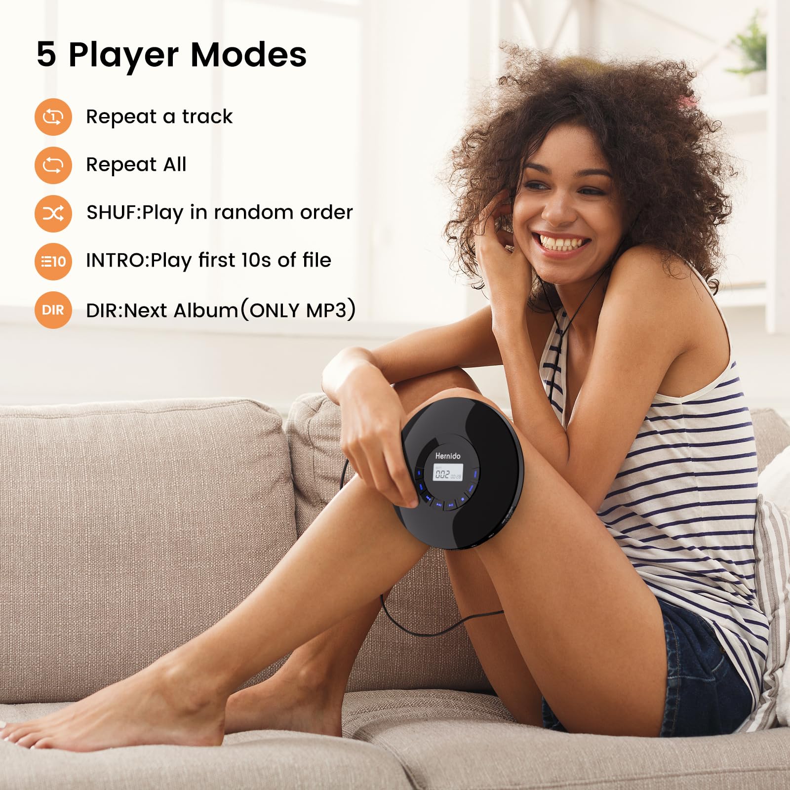 Portable Cd Player With Headphone, Hernido Rechargeable Cd Player For Car, Compact Cd Walkman With 5 Eq Sounds, Aux Output, Anti