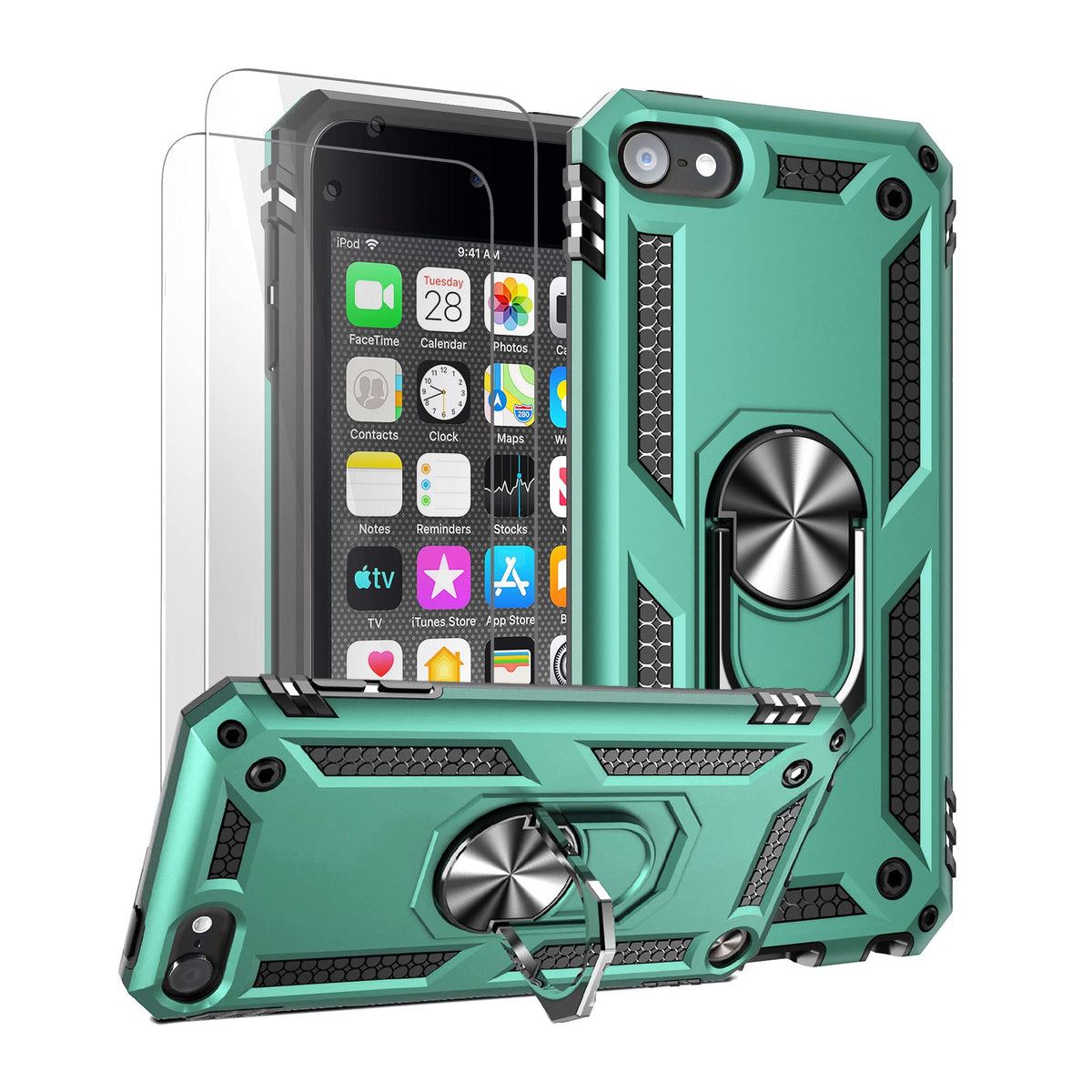 ULAK Compatible with iPod Touch 7 Case/iPod Touch 6 Case with 2 HD Screen Protectors, Hybrid Rugged Shockproof Cover with Built-in Kickstand for iPod Touch 7th/6th/5th Generation, Cyan