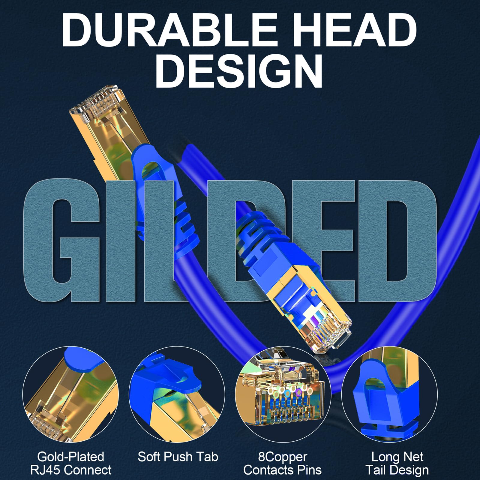 Lekvkm Cat8 Ethernet Cable 100Ft S/Ftp Outdoor&Indoor Heavy Duty High Speed Cat8 Lan Network Cable Round 40Gbps 2000Mhz Blue